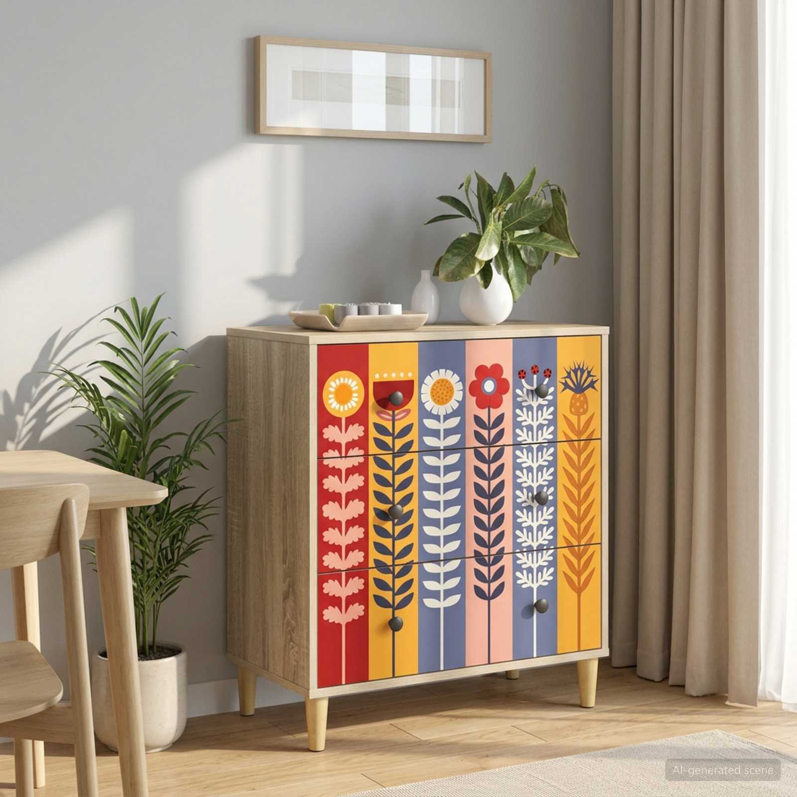 Kommode ESSEN Sonnenblumenmuster 66 x 36,5 x 75 cm Sonoma