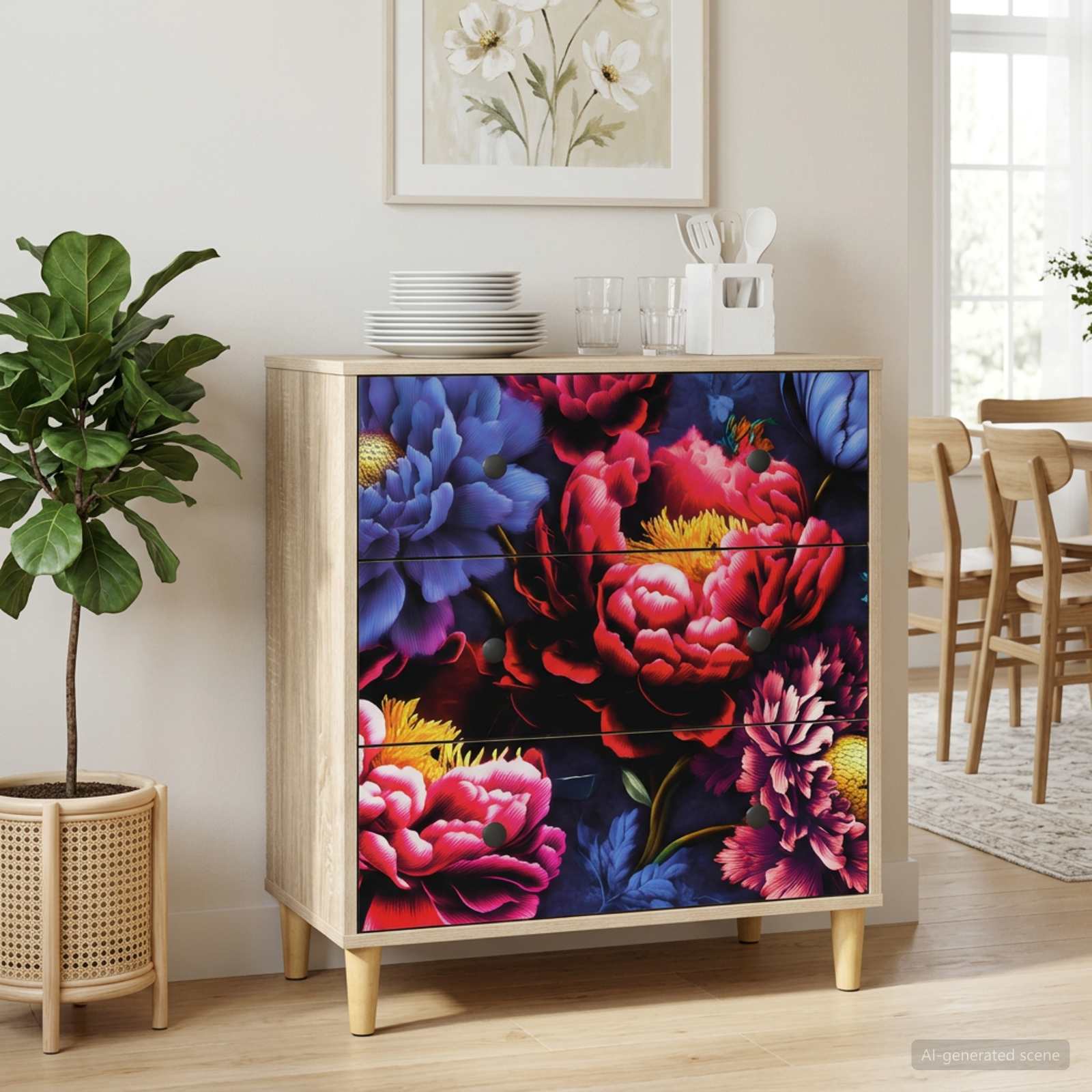 Kommode KIEL Dunkler Pfingstrosen-Druck 66 x 36,5 x 75 cm
