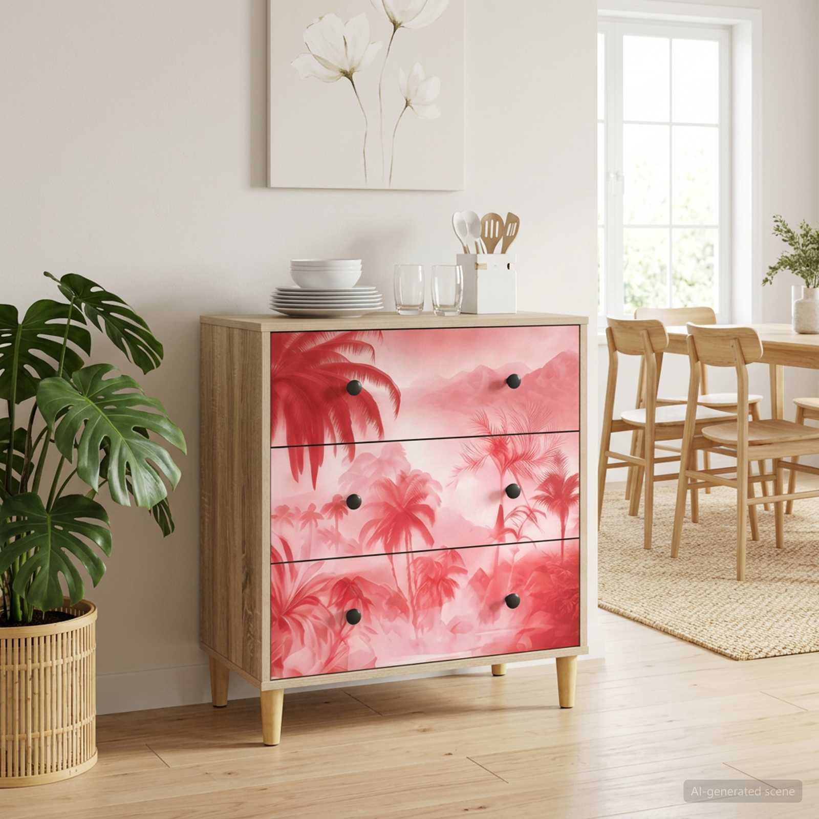 Kommode AACHEN Rosa Palmenprint 66 x 36,5 x 75 cm Holzwerkstoff