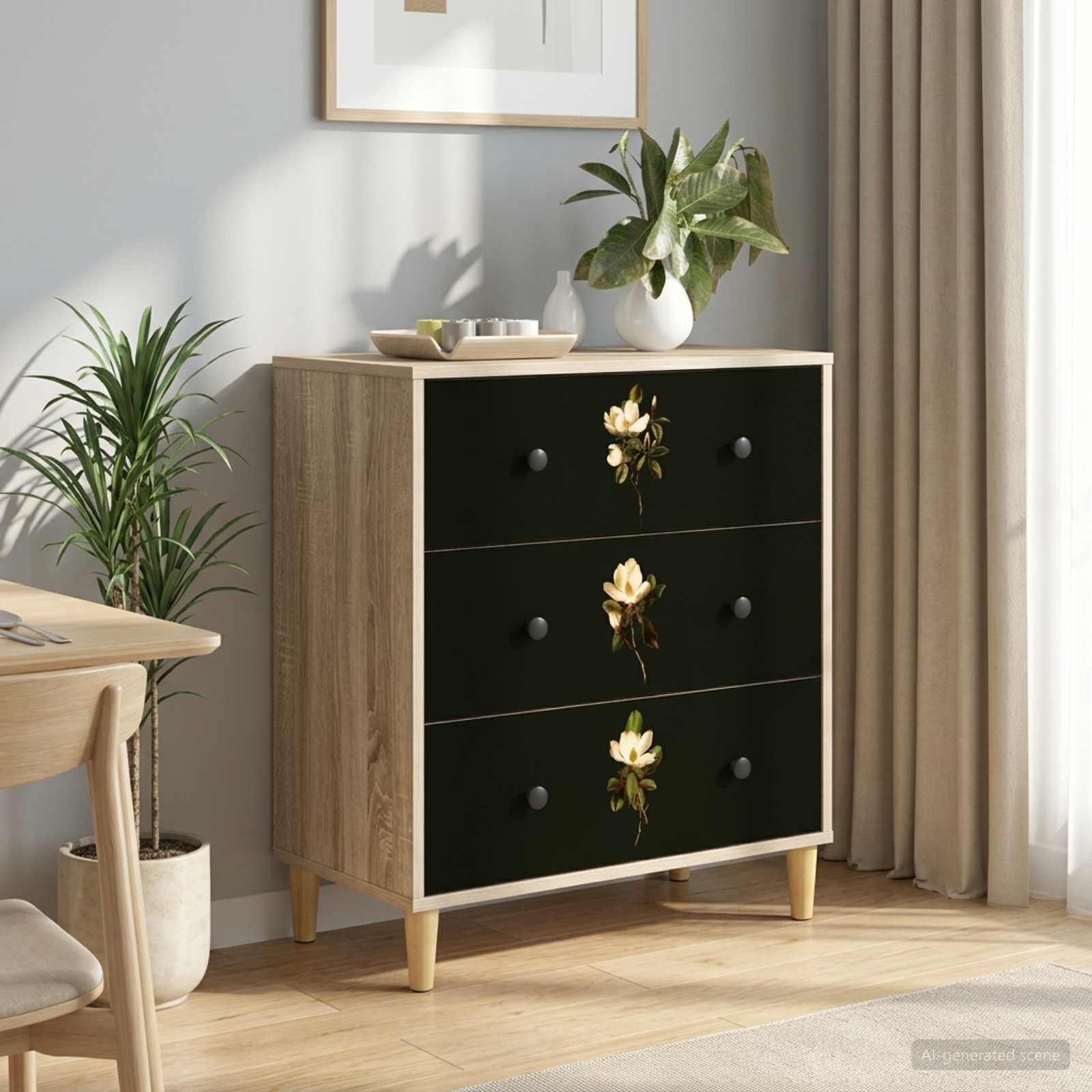 Kommode BREMEN Magnolienmuster 66 x 36,5 x 75 cm Holzwerkstoff