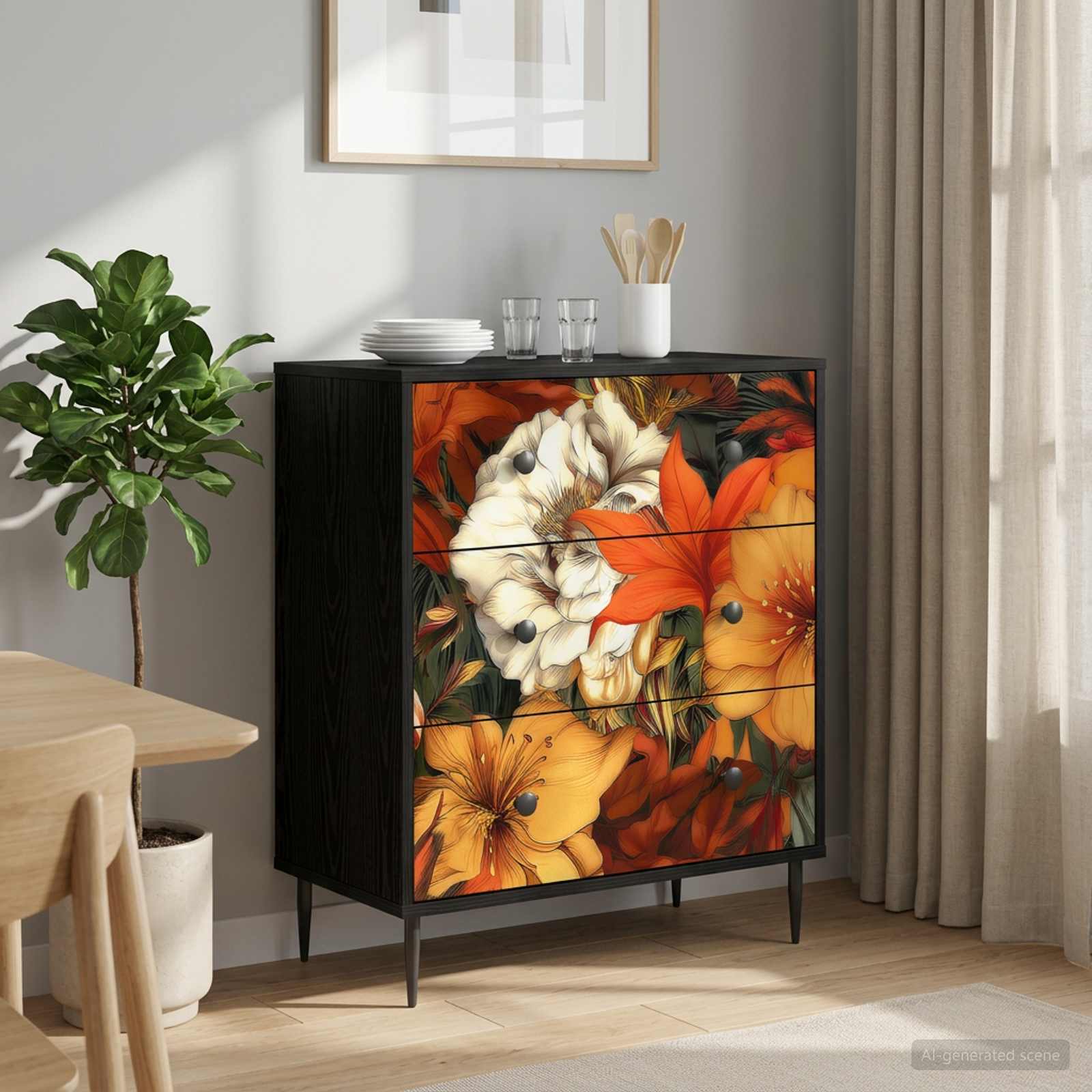 Kommode GENNEP Lilienmuster 66 x 36,5 x 76 cm Holzwerkstoff