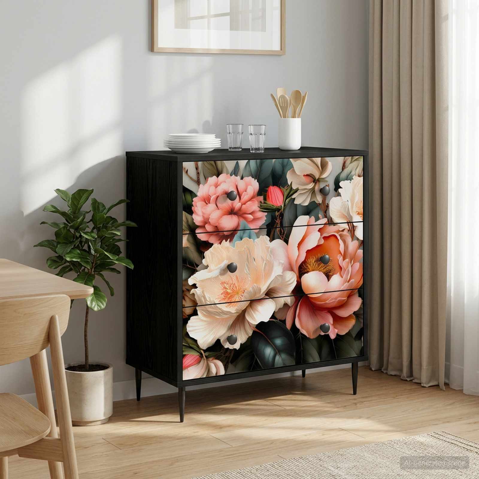 Kommode BORNE Licht Pfingstrose Druck 66 x 36,5 x 76 cm