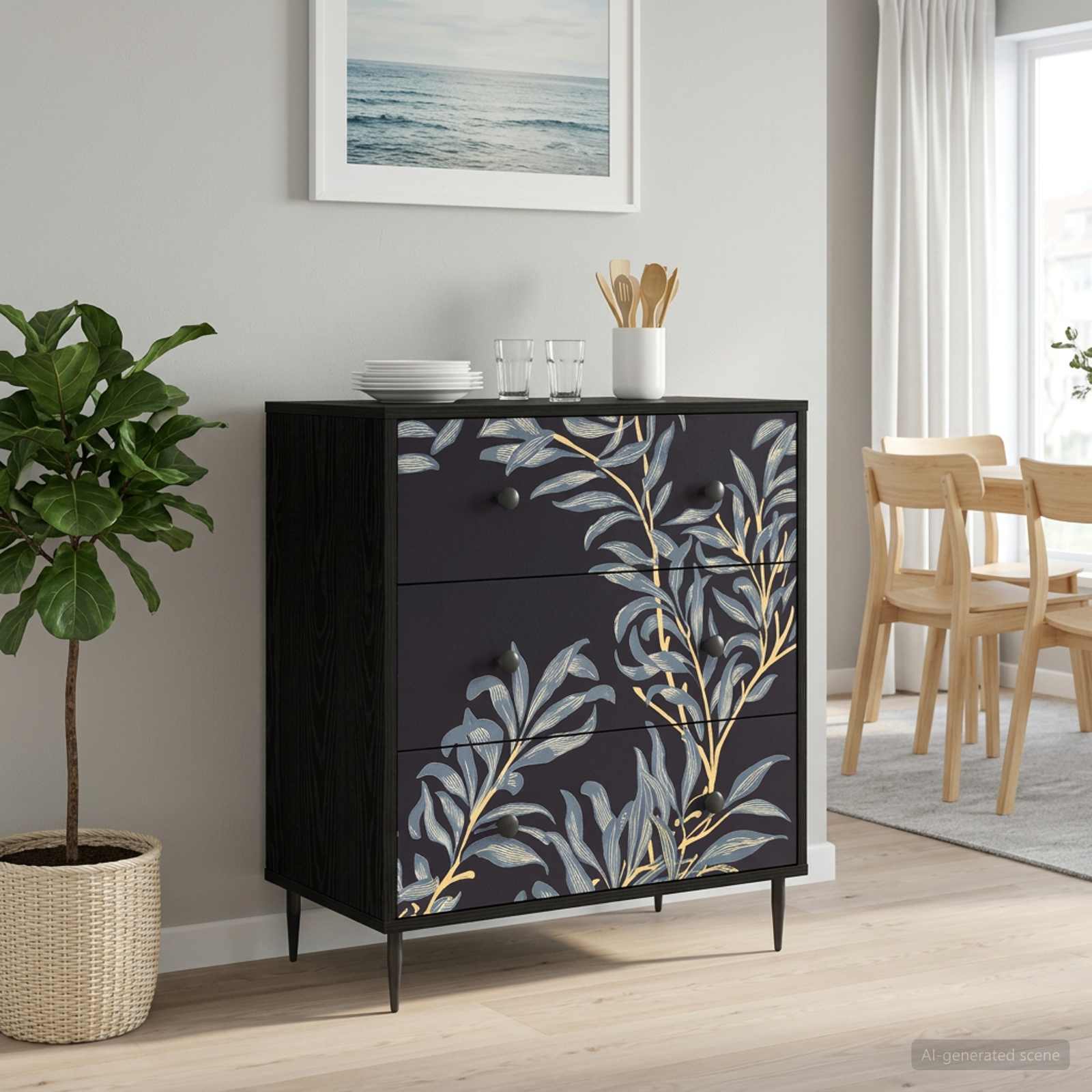 Kommode DOKKUM Blaues Farnmuster 66 x 36,5 x 76 cm