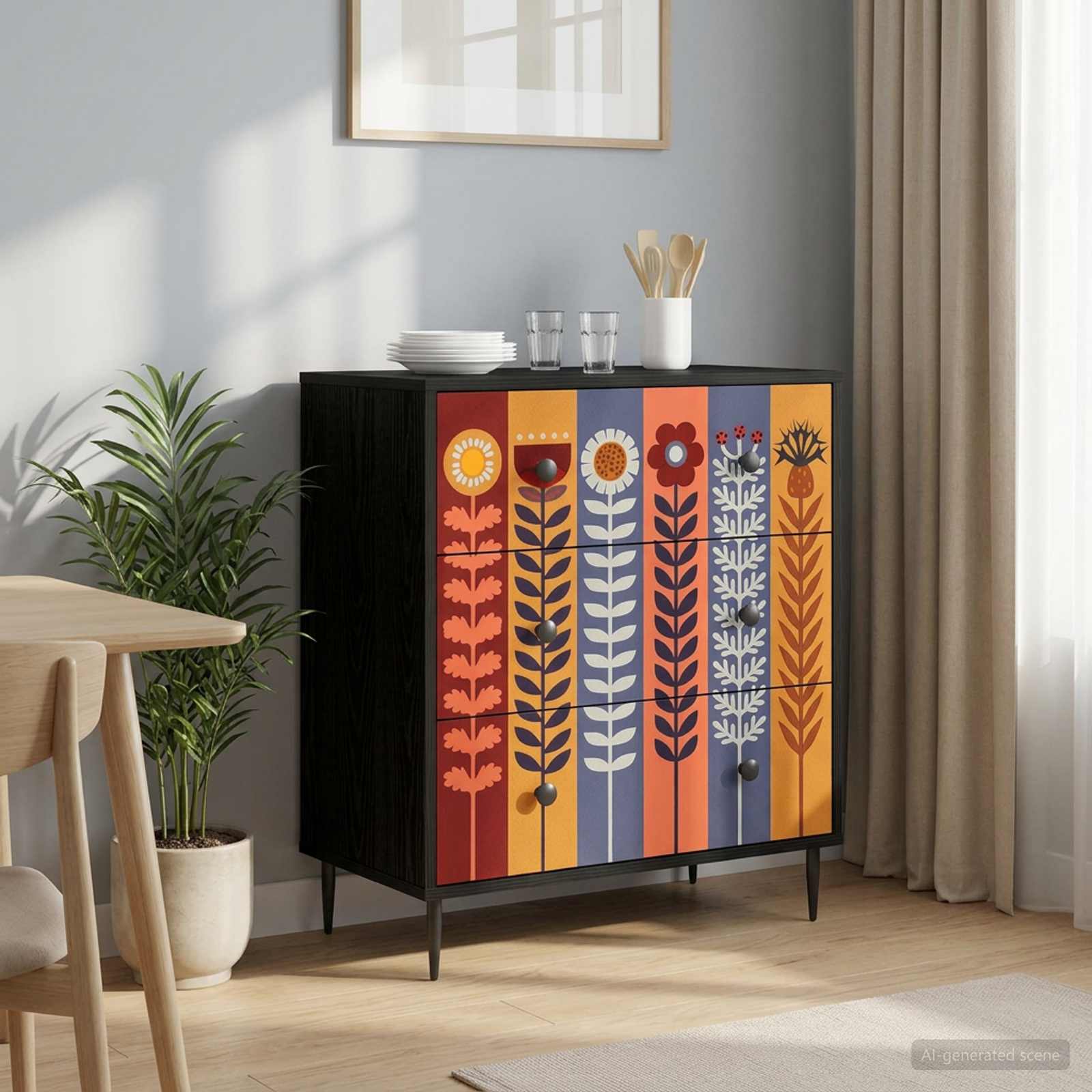Kommode ESSEN Sonnenblumenmuster 66 x 36,5 x 76 cm