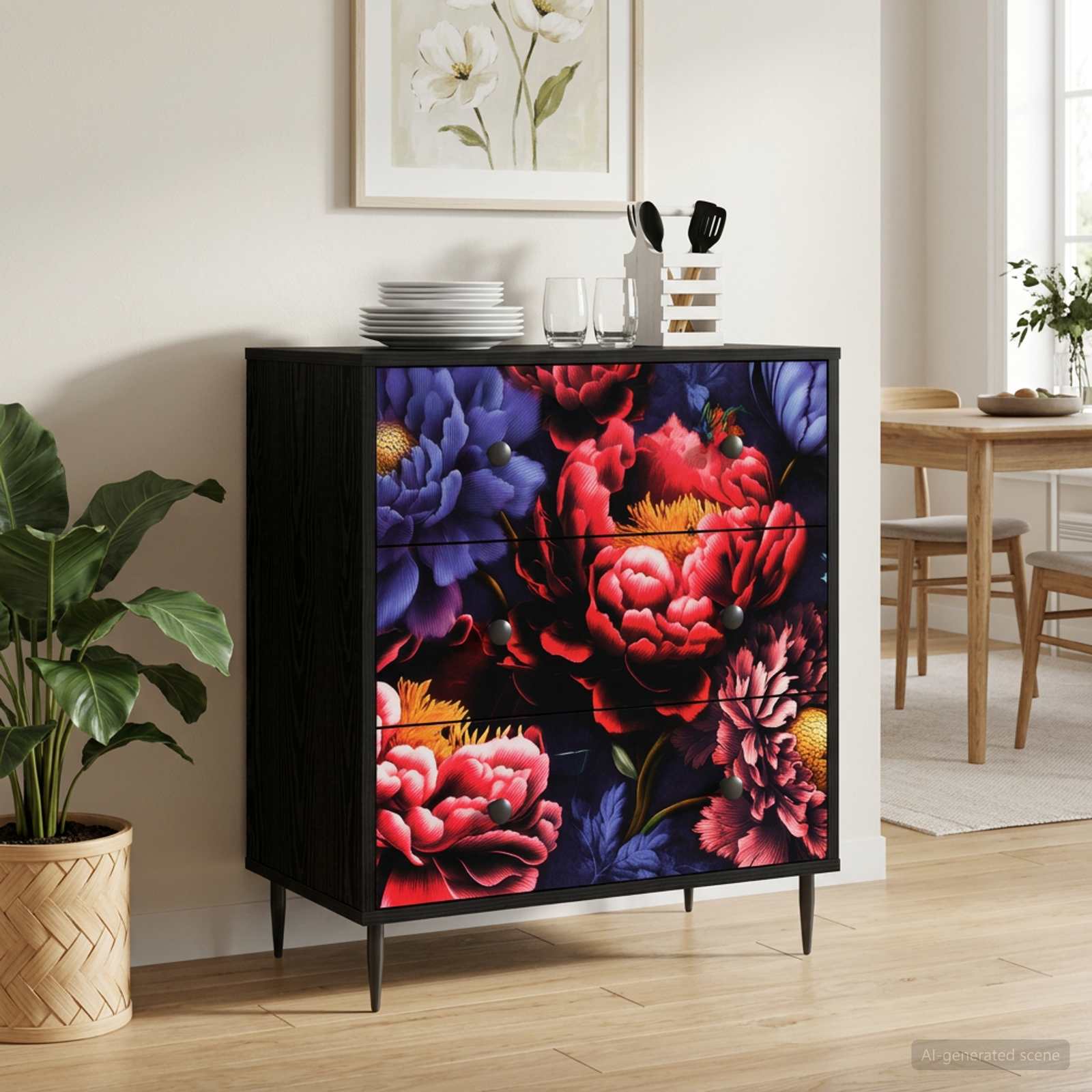 Kommode KIEL Dunkler Pfingstrosen-Druck 66 x 36,5 x 76 cm