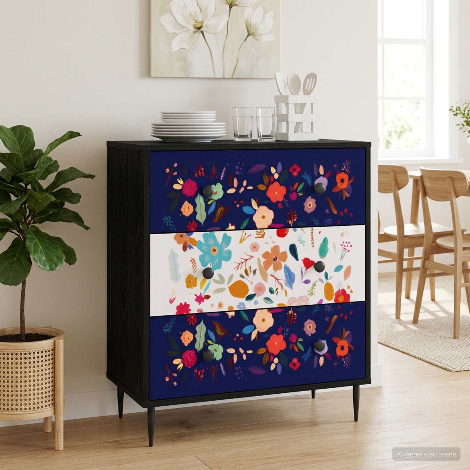 Kommode MAINZ Blumenmuster 66 x 36,5 x 76 cm Holzwerkstoff