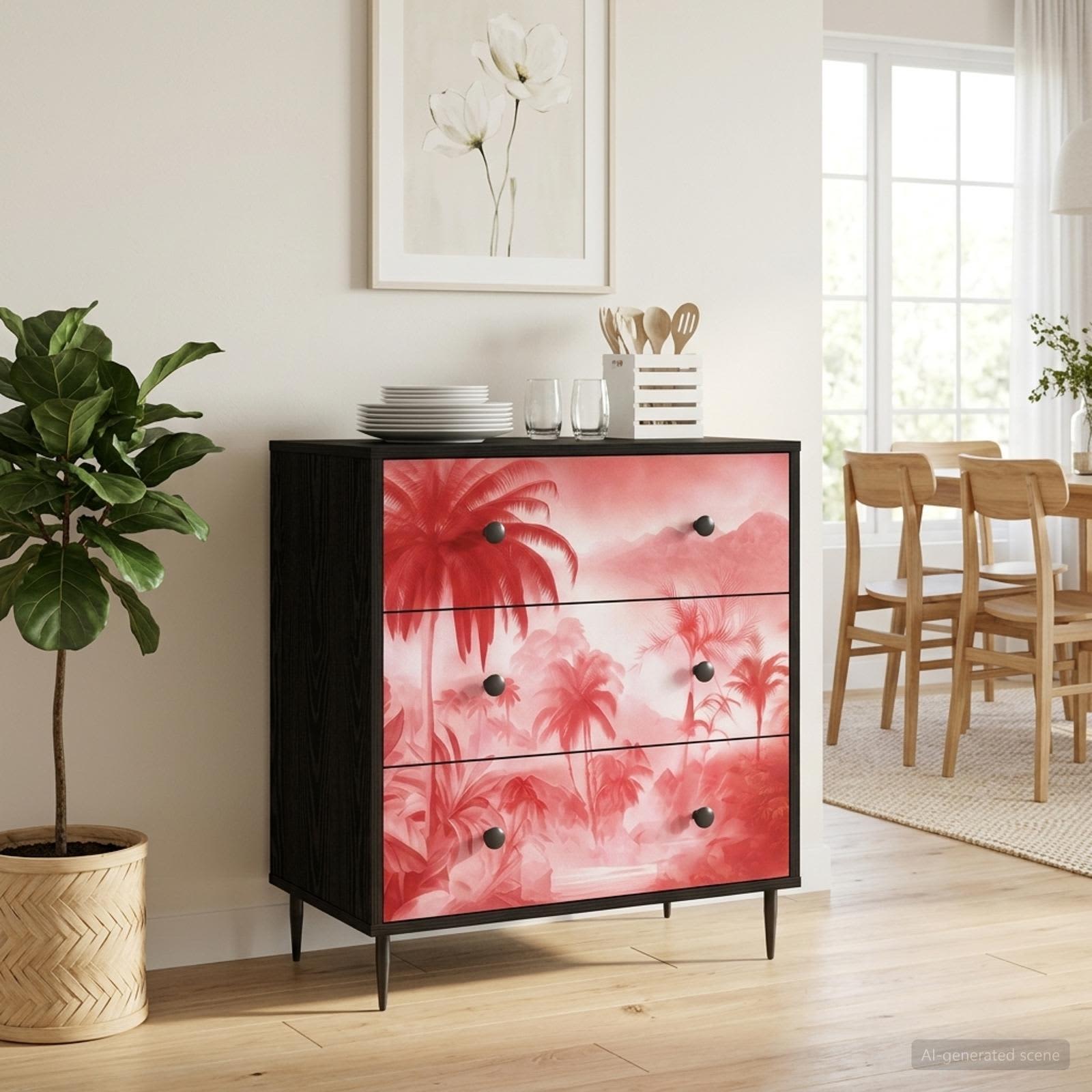 Kommode AACHEN Rosa Palmenprint 66 x 36,5 x 76 cm Holzwerkstoff