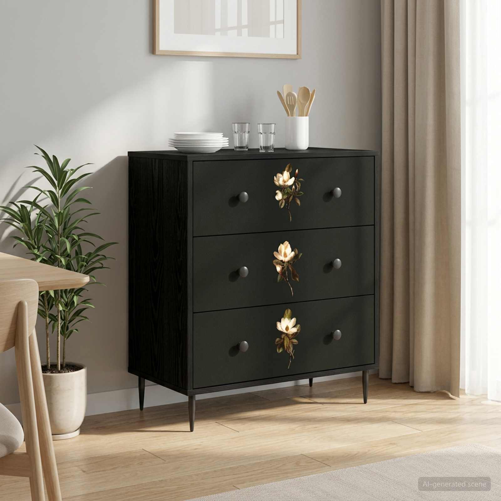 Kommode BREMEN Magnolienmuster 66 x 36,5 x 76 cm Holzwerkstoff