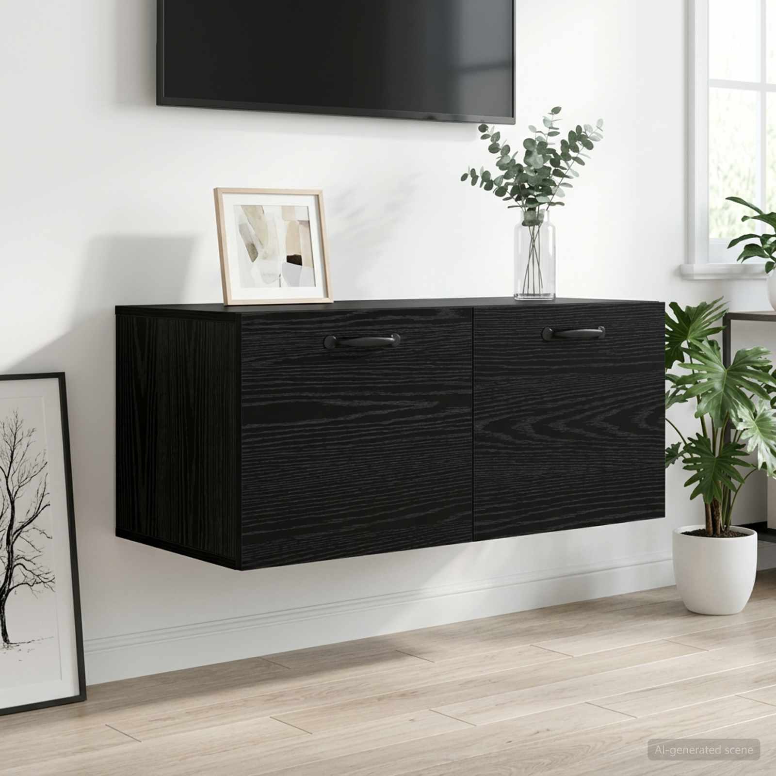 Wandschrank Wandhalterung Schwarz Eichen-Optik Holzwerkstoff