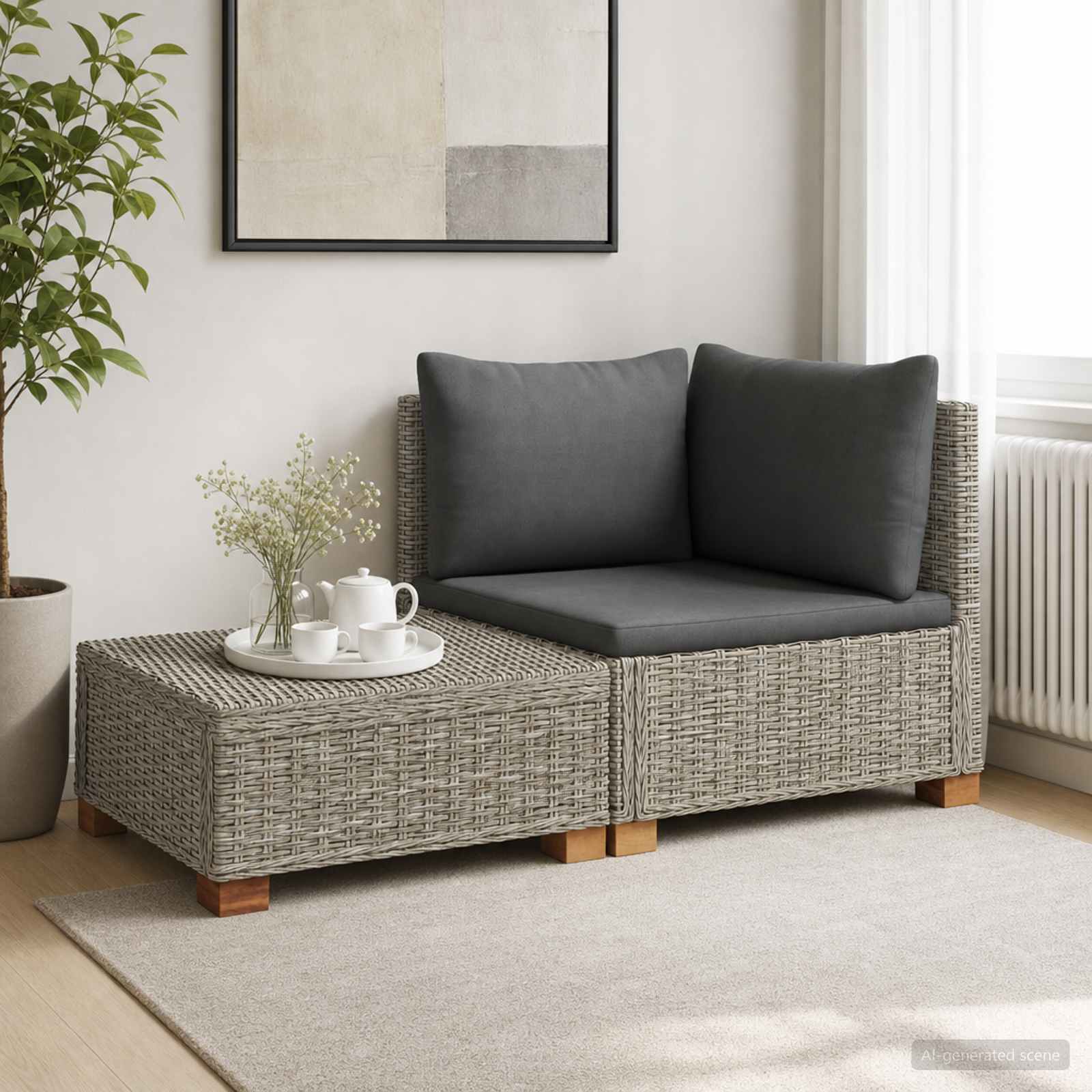 2 Stk. Rattan-Lounge-Set mit Kissen GENDT Naturrattan Kubu Grau