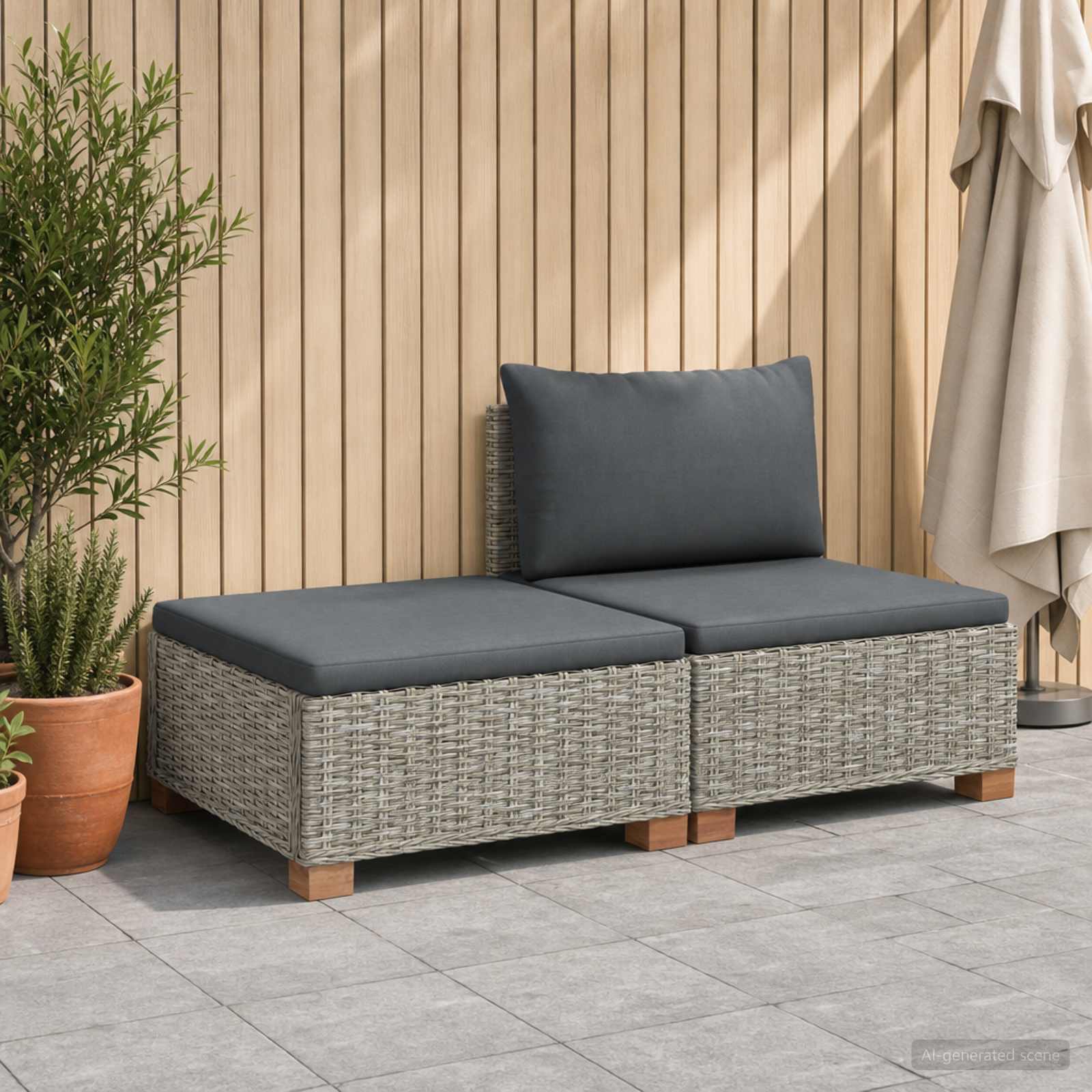 2 Stk. Rattan-Lounge-Set mit Kissen GENDT Naturrattan Kubu Grau