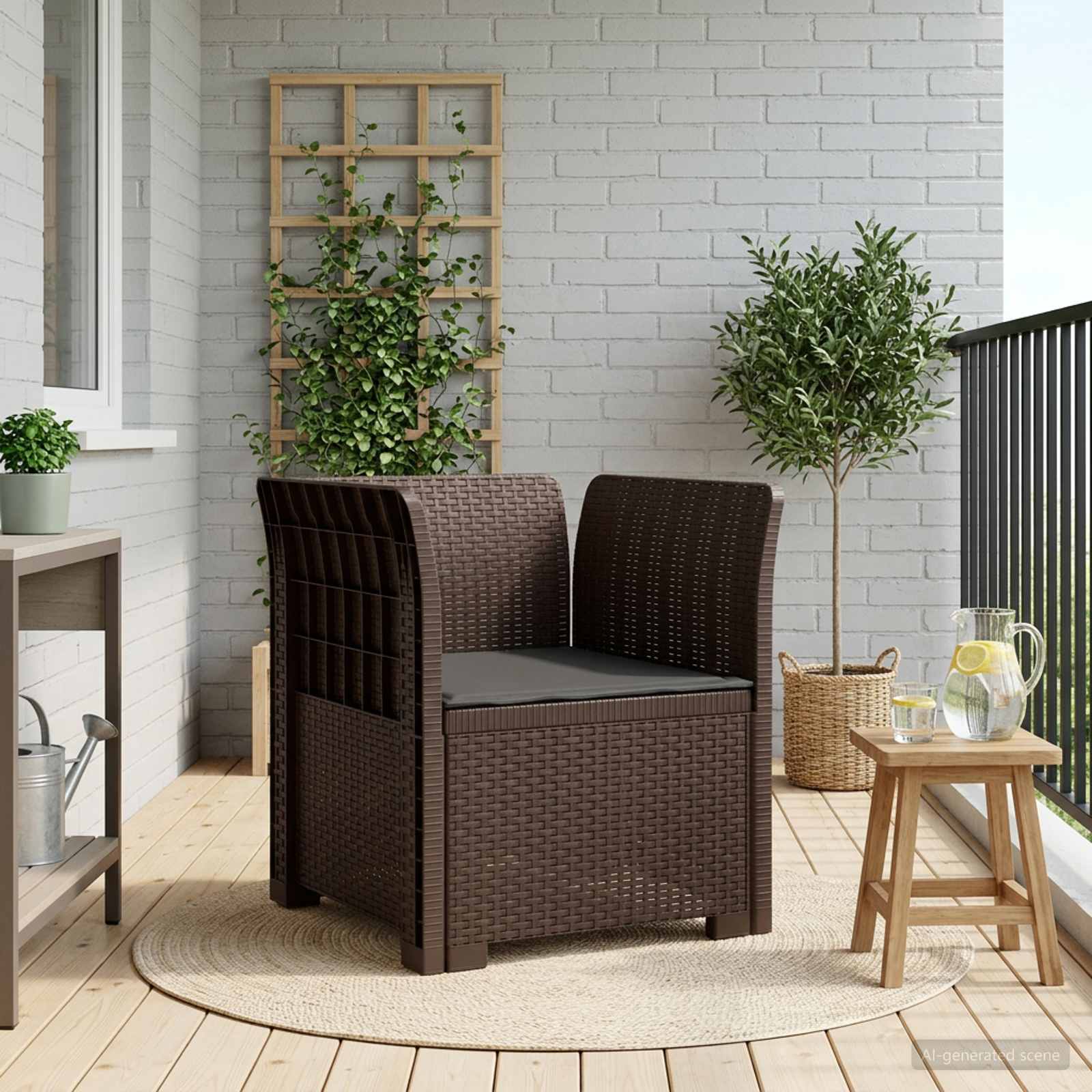 1-Sitzer Sessel mit Kissen Rattan-Look PP Braun