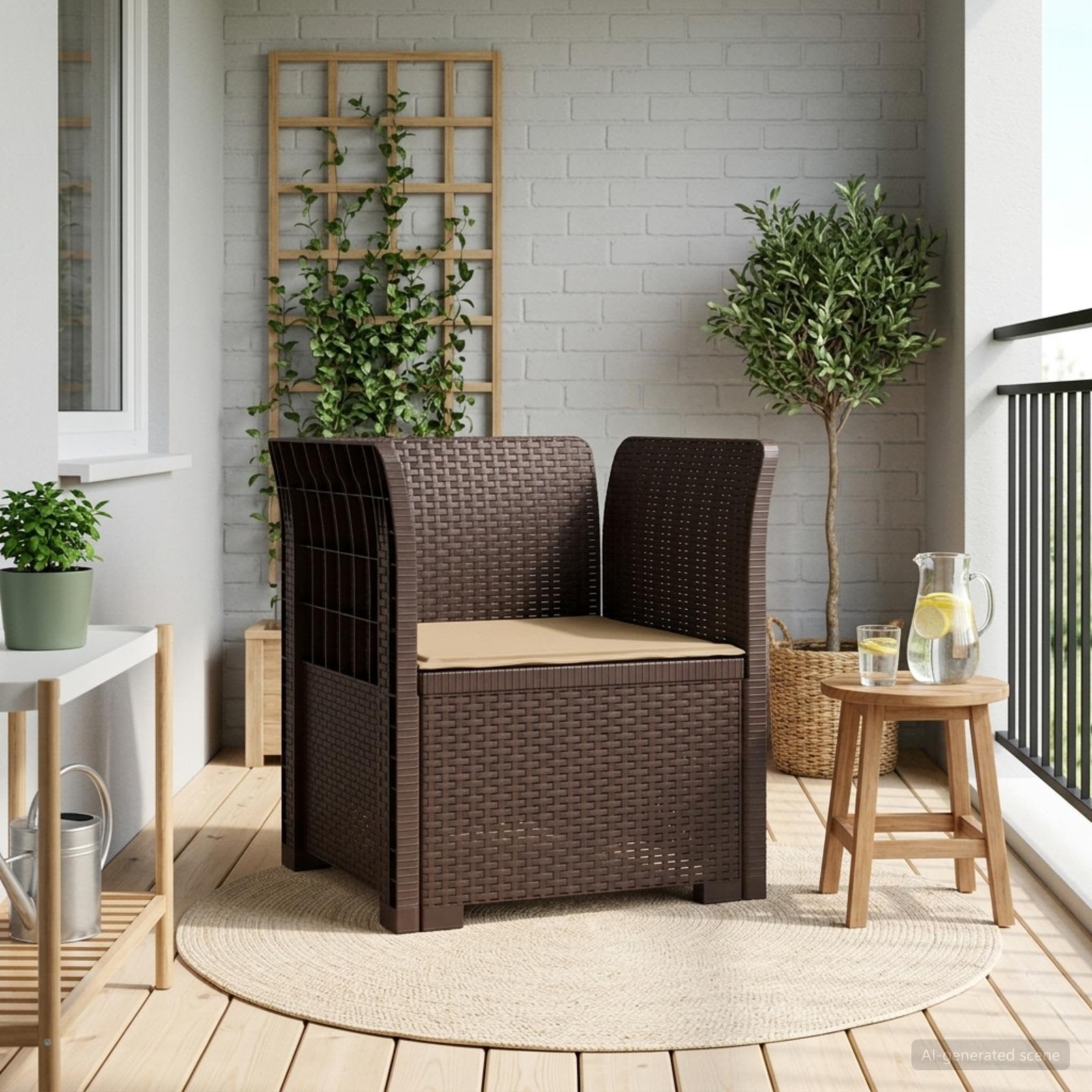 1-Sitzer Sessel mit Kissen Rattan-Look PP Braun
