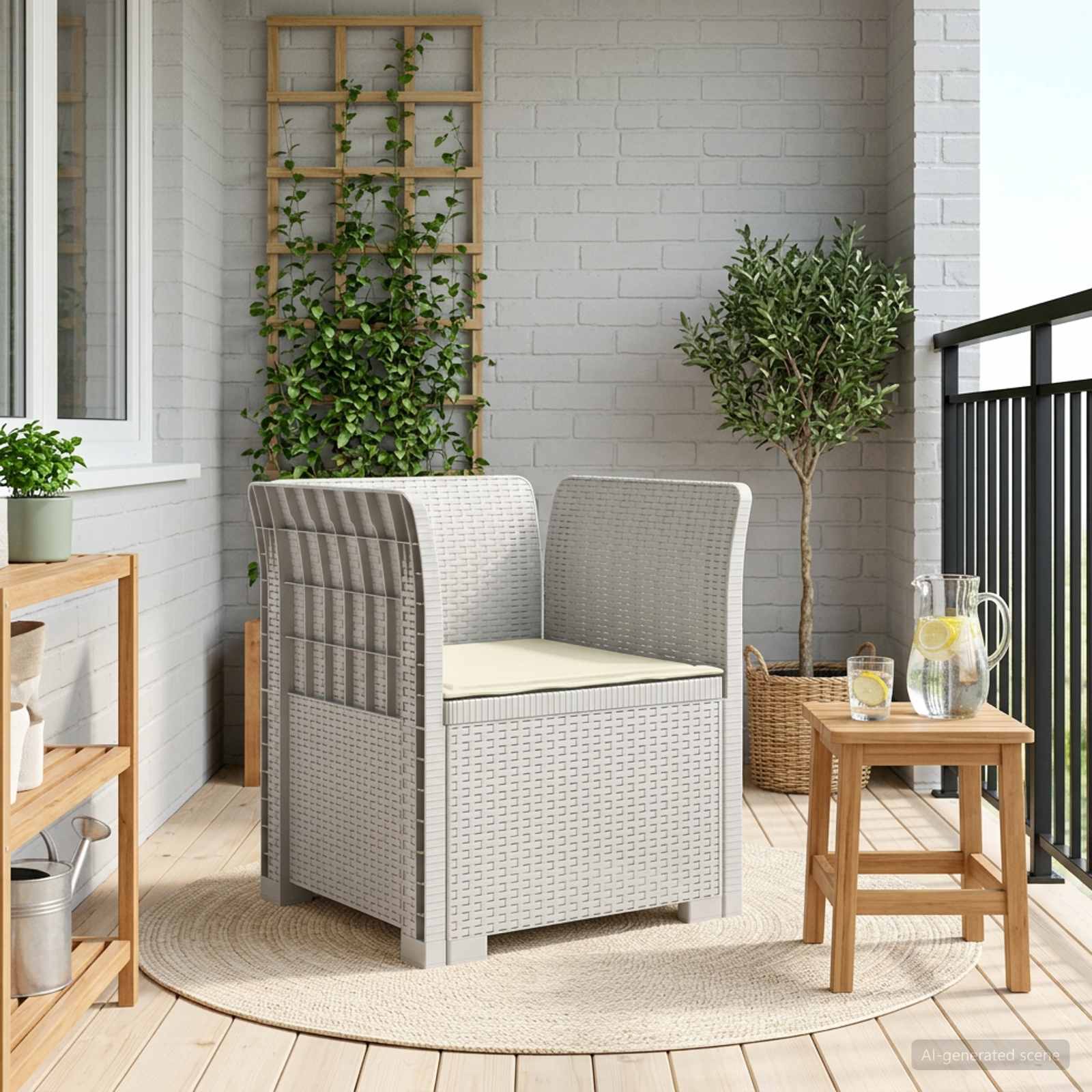 1-Sitzer Sessel mit Kissen Rattan-Look PP Weiß
