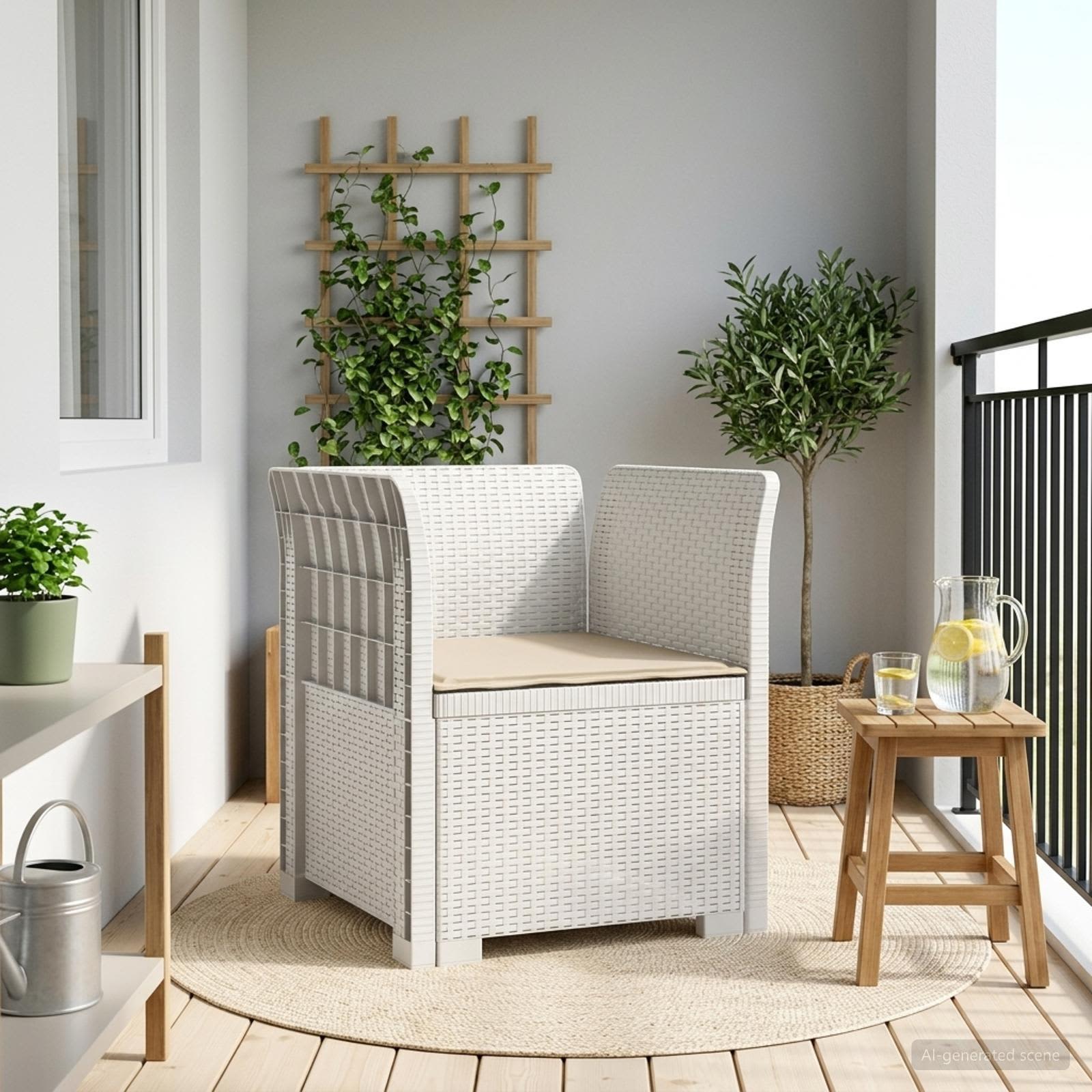 1-Sitzer Sessel mit Kissen Rattan-Look PP Weiß