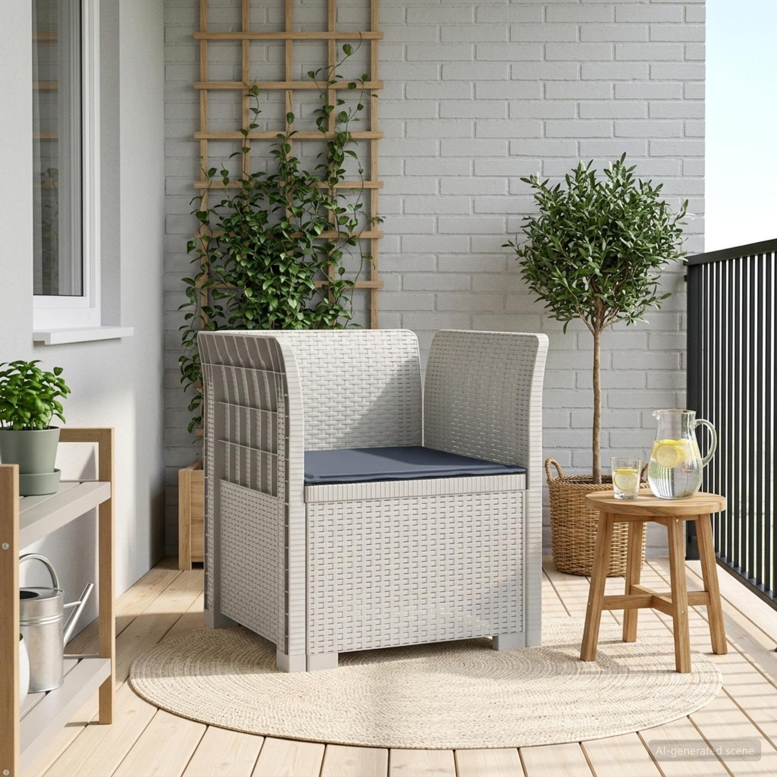 1-Sitzer Sessel mit Kissen Rattan-Look PP Weiß