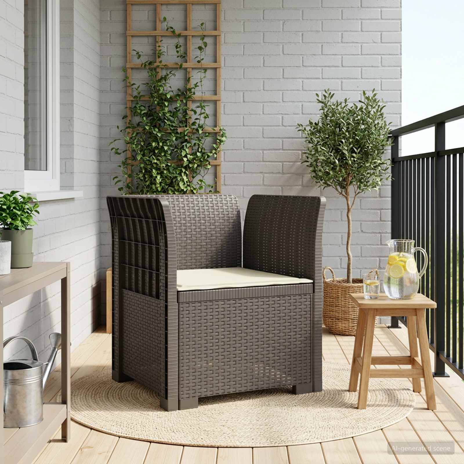 1-Sitzer Sessel mit Kissen Rattan-Look PP Hellgrau