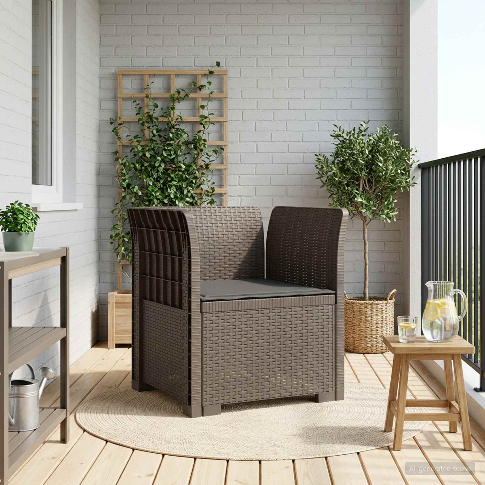 1-Sitzer Sessel mit Kissen Rattan-Look PP Hellgrau