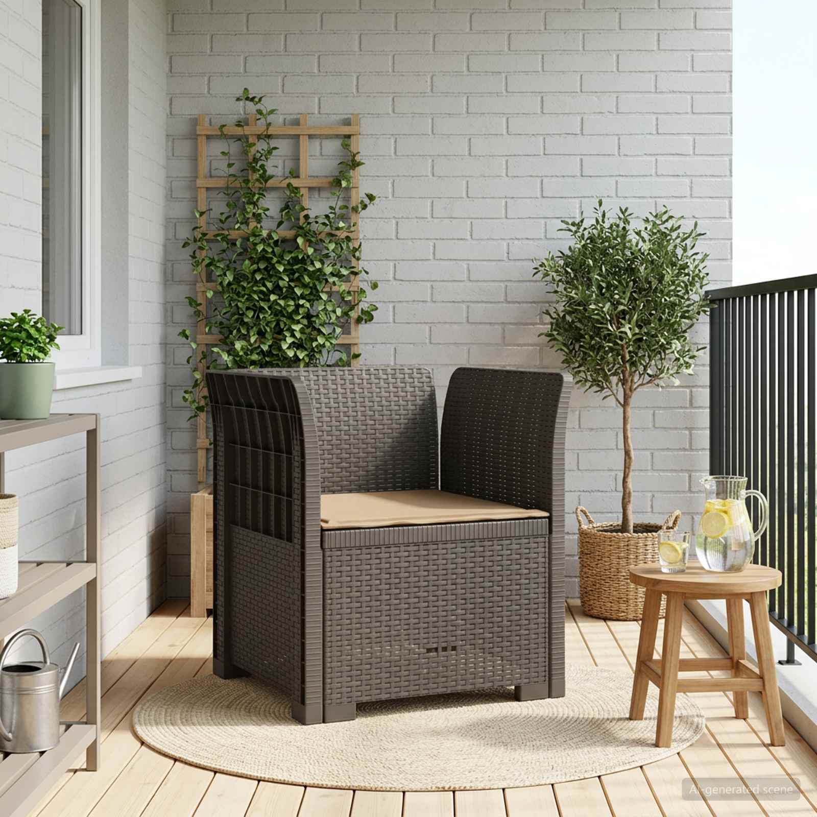 1-Sitzer Sessel mit Kissen Rattan-Look PP Hellgrau