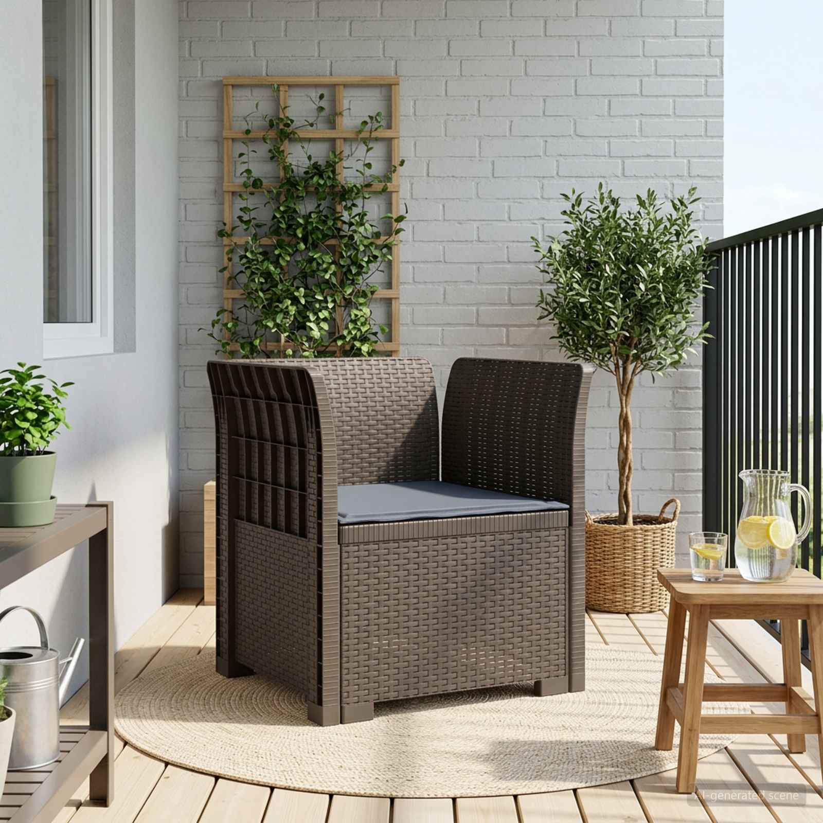 1-Sitzer Sessel mit Kissen Rattan-Look PP Hellgrau