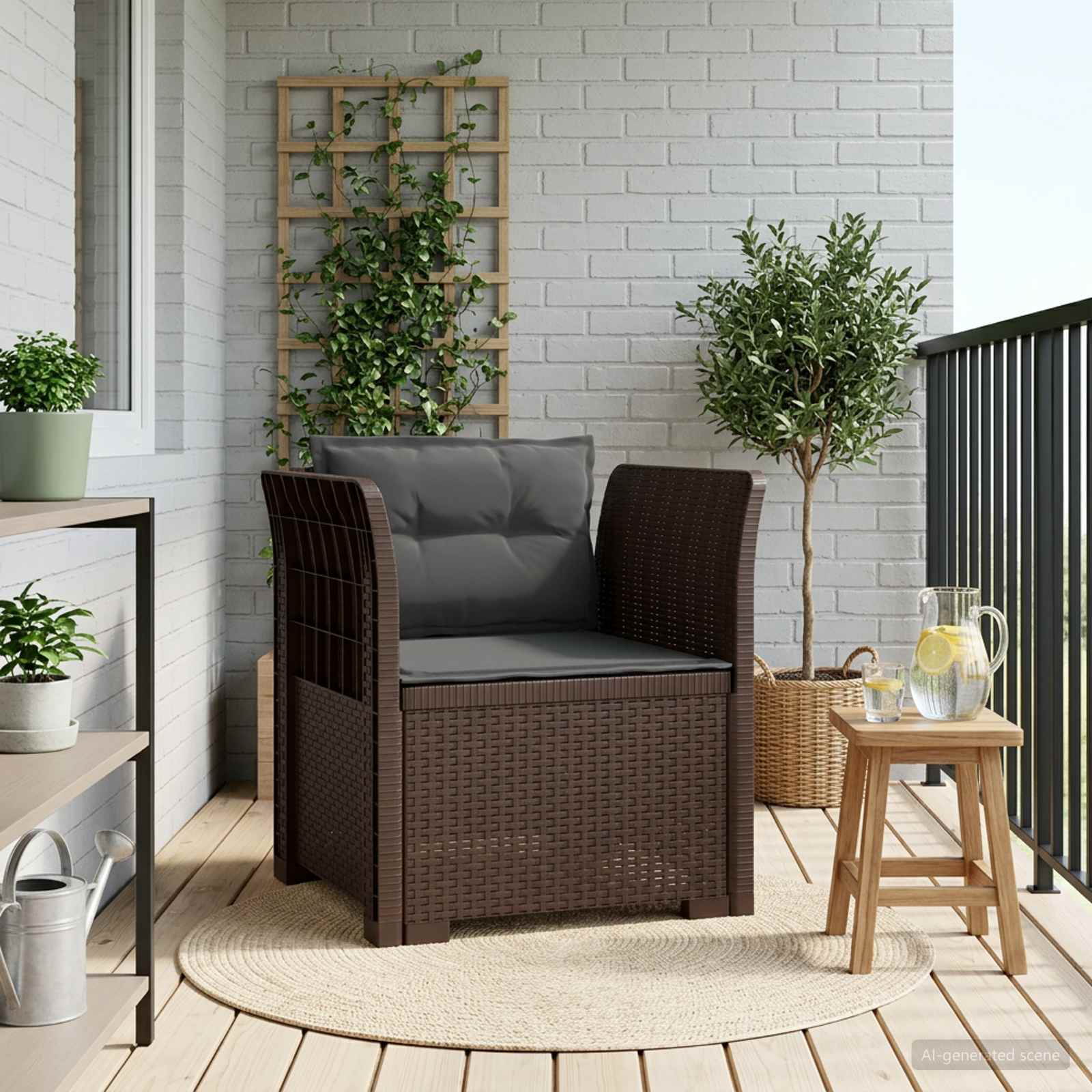 1-Sitzer Sessel mit Kissen Rattan-Look PP Braun
