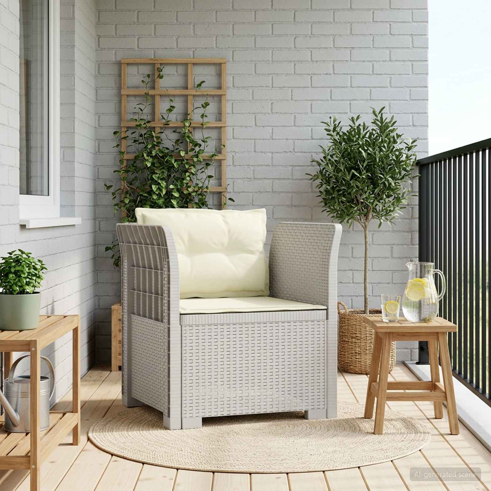 1-Sitzer Sessel mit Kissen Rattan-Look PP Weiß