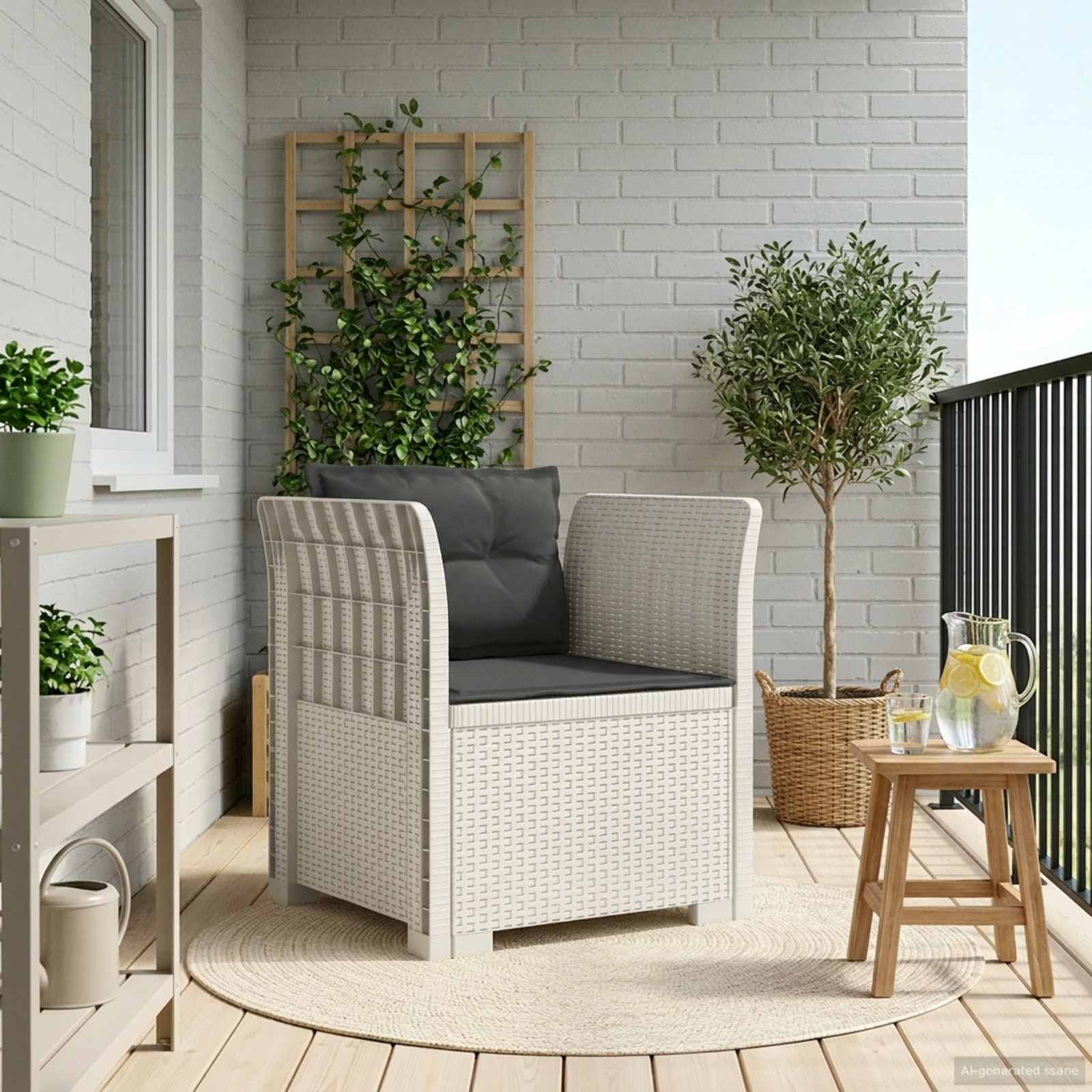 1-Sitzer Sessel mit Kissen Rattan-Look PP Weiß