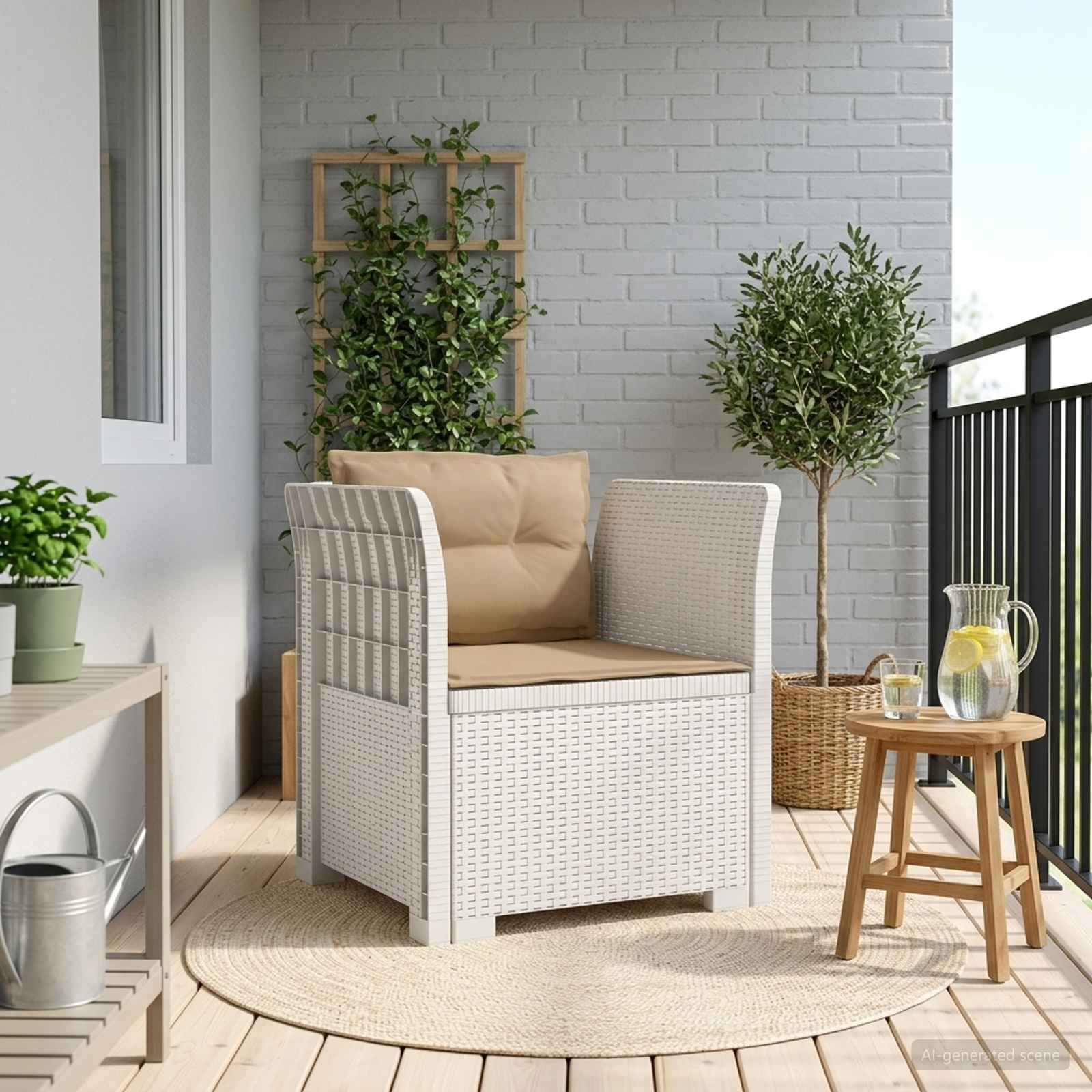 1-Sitzer Sessel mit Kissen Rattan-Look PP Weiß