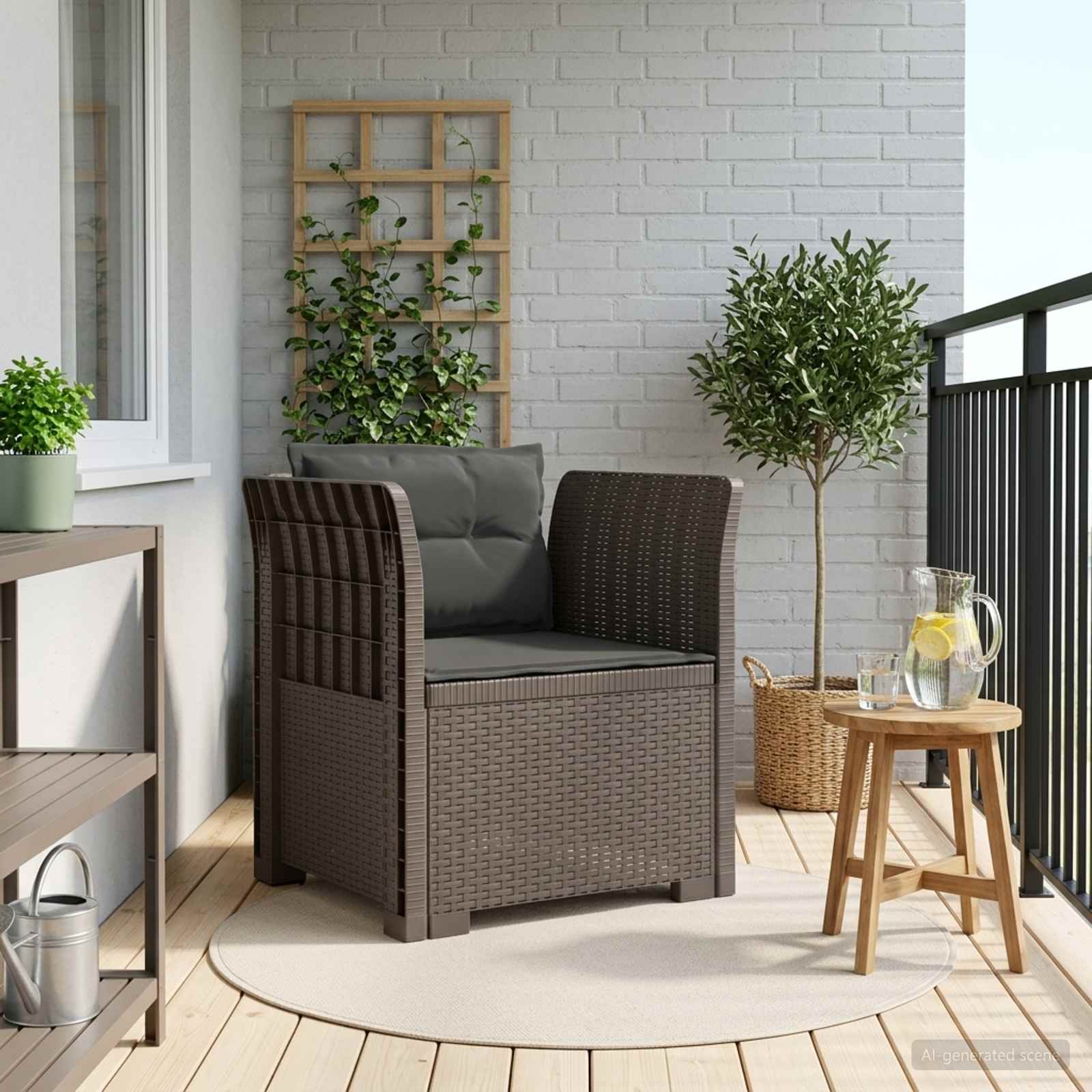 1-Sitzer Sessel mit Kissen Rattan-Look PP Hellgrau