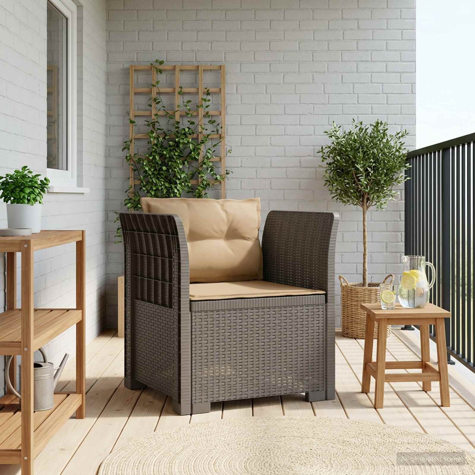 1-Sitzer Sessel mit Kissen Rattan-Look PP Hellgrau