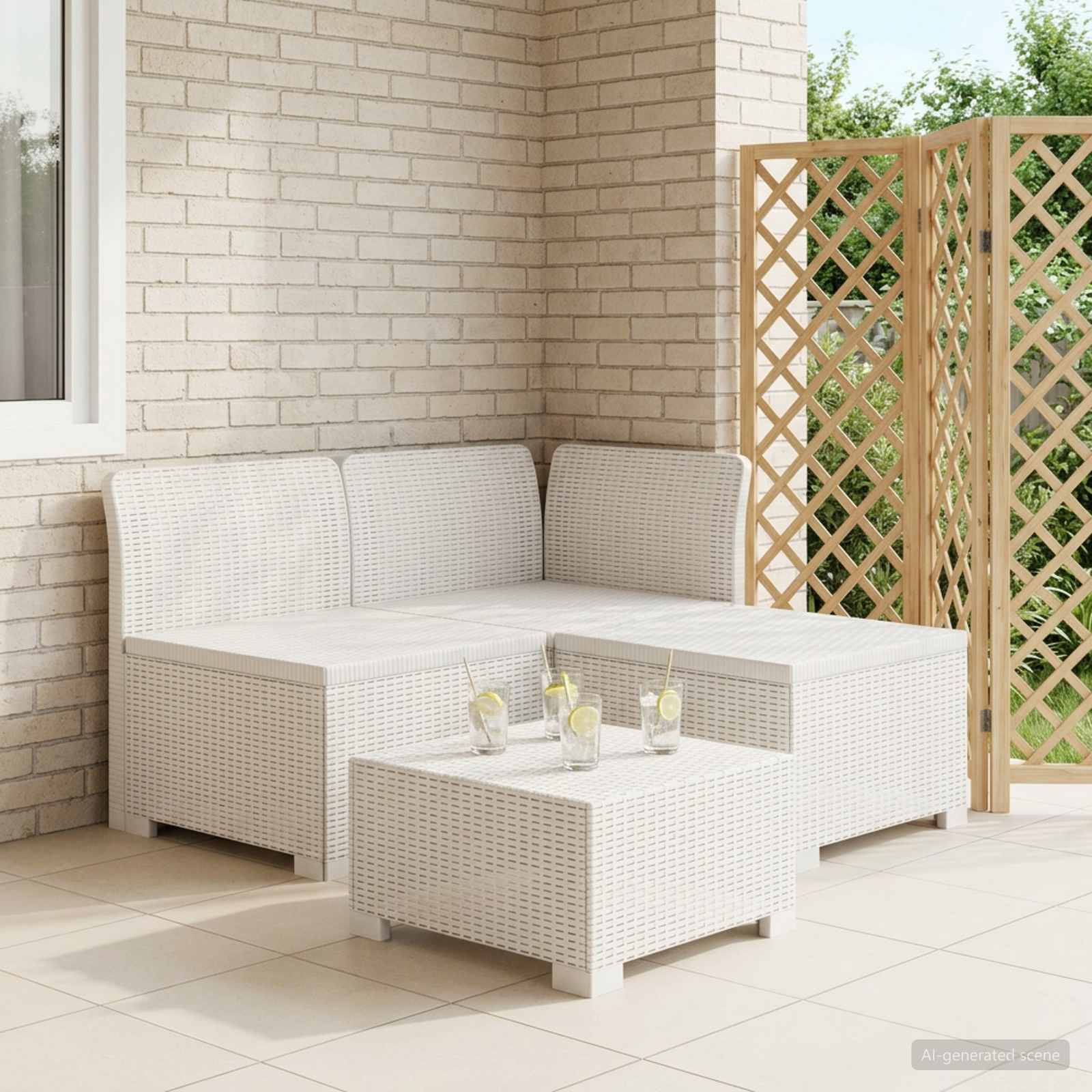 3-Sitzer Garten Sofa Rattan Look PP Weiß