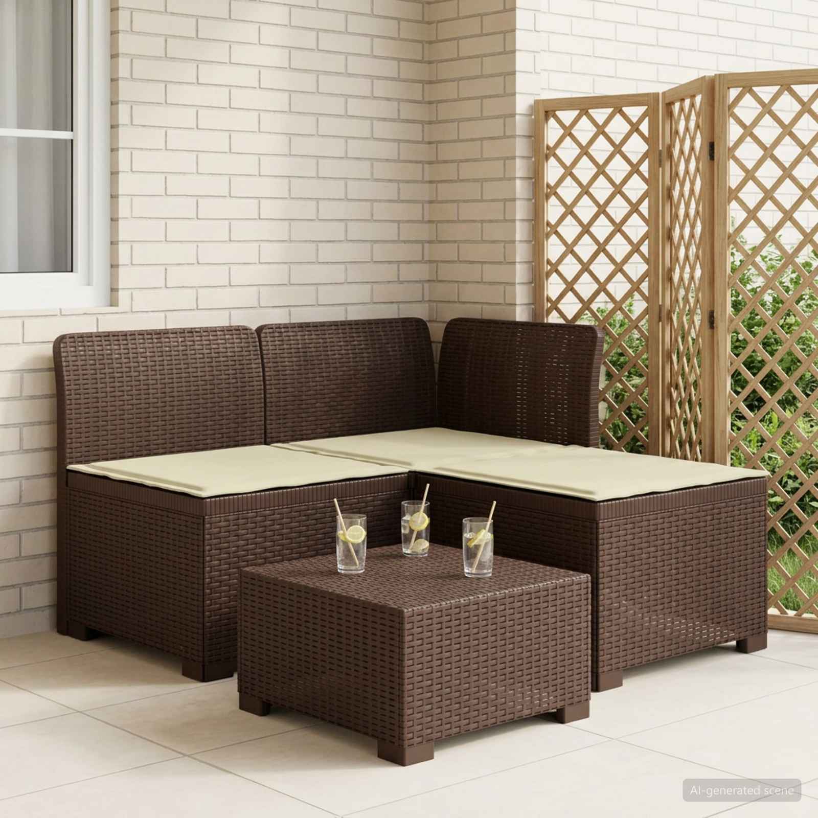 3-Sitzer Garten Sofa mit Kissen Rattan-Look PP Braun