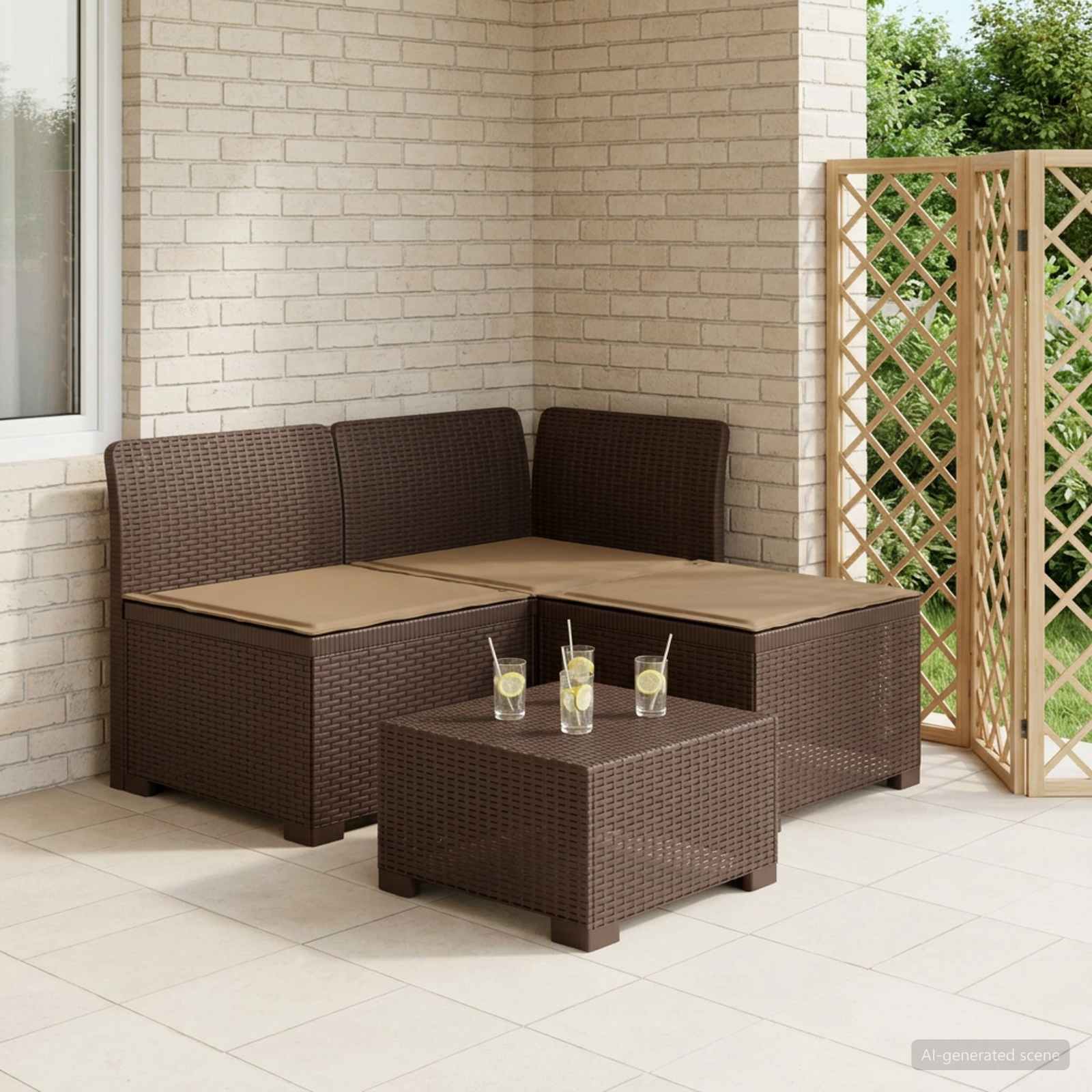 3-Sitzer Garten Sofa mit Kissen Rattan-Look PP Braun