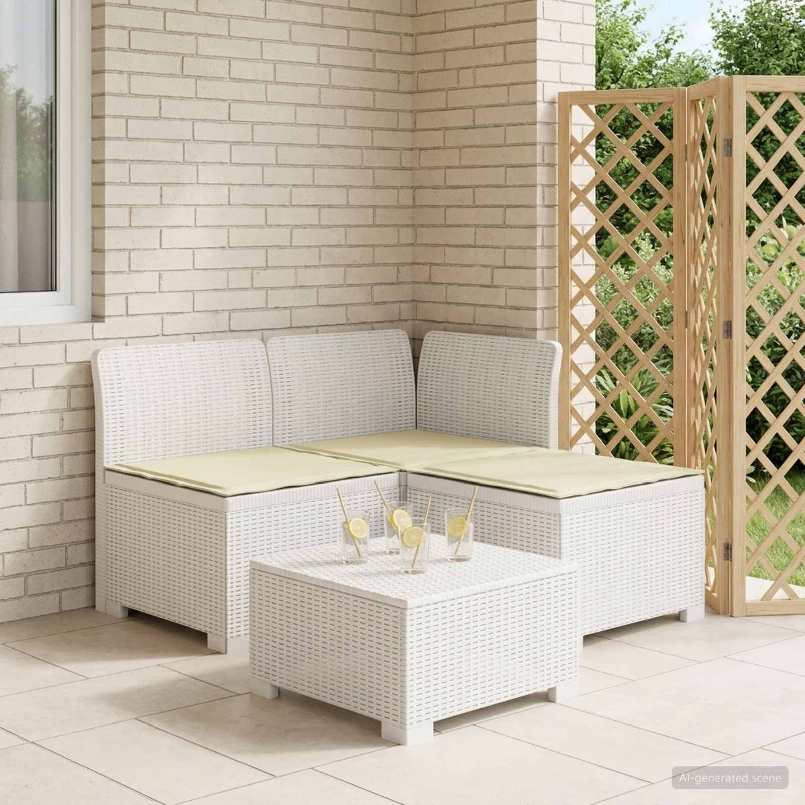 3-Sitzer Garten Sofa mit Kissen Rattan-Look PP Weiß