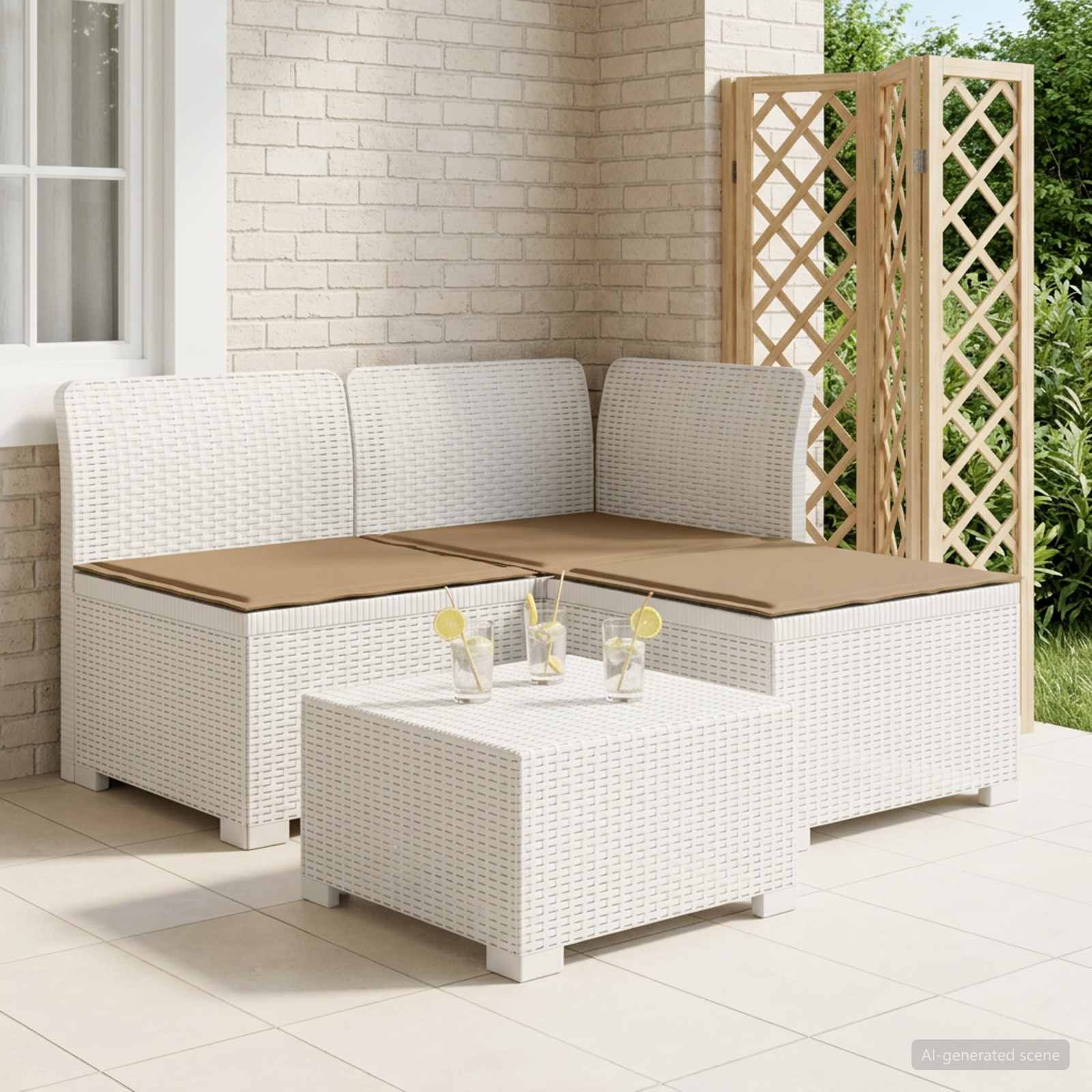 3-Sitzer Garten Sofa mit Kissen Rattan-Look PP Weiß