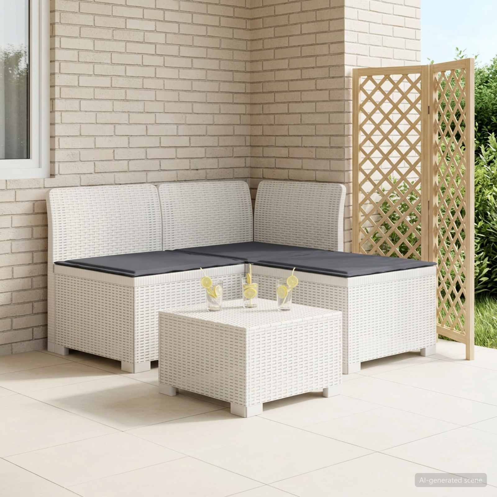 3-Sitzer Garten Sofa mit Kissen Rattan-Look PP Weiß