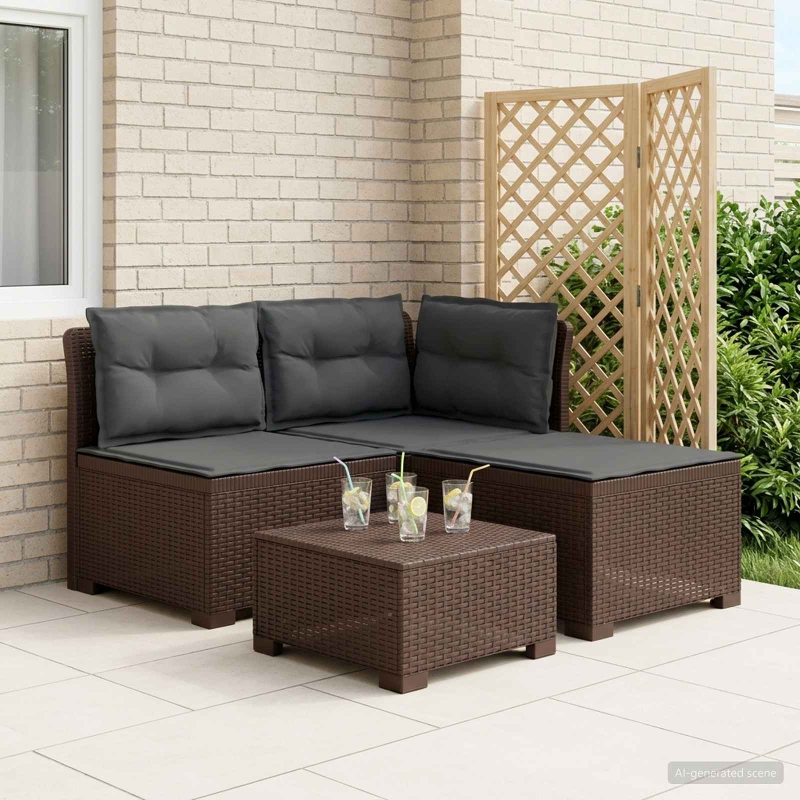 3-Sitzer Garten Sofa mit Kissen Rattan-Look PP Braun