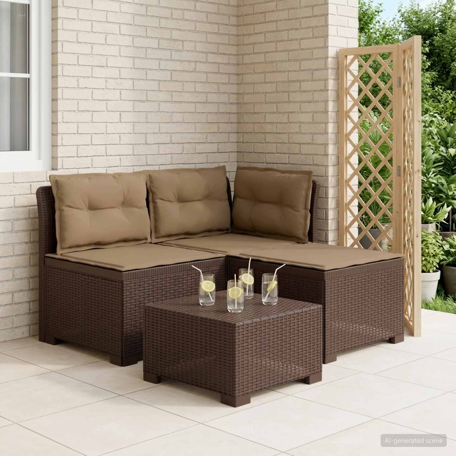3-Sitzer Garten Sofa mit Kissen Rattan-Look PP Braun