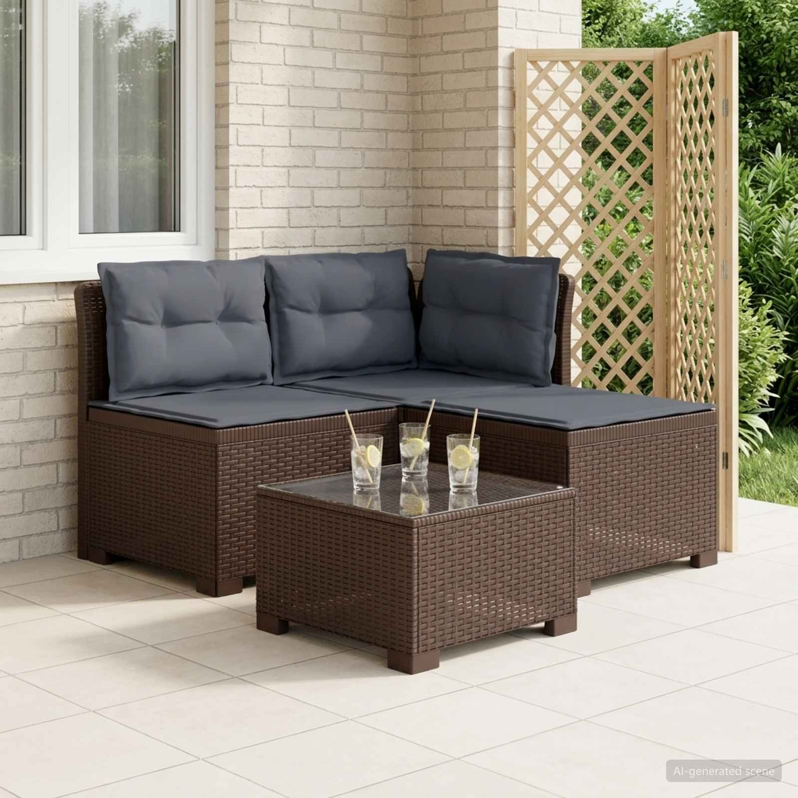 3-Sitzer Garten Sofa mit Kissen Rattan-Look PP Braun