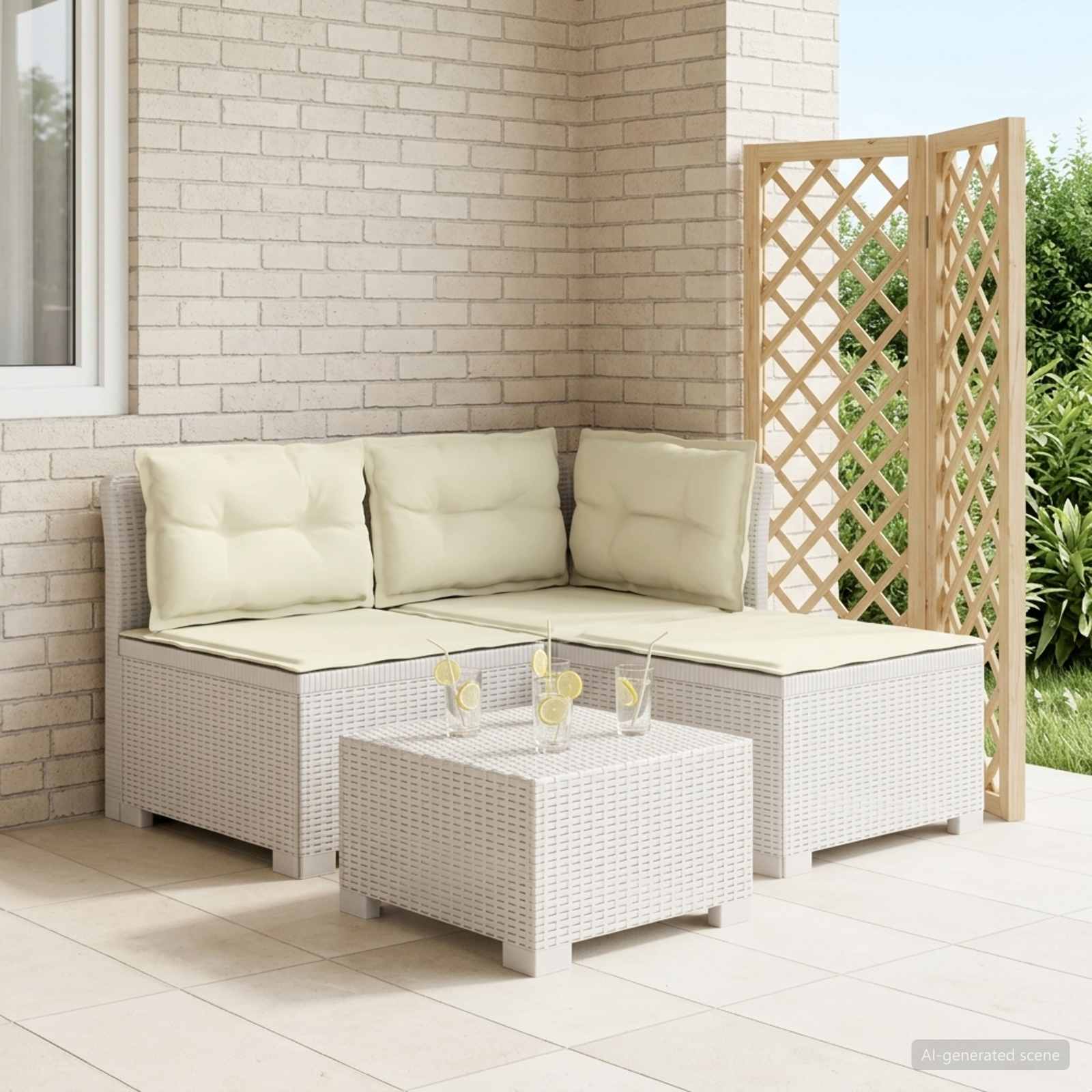 3-Sitzer Garten Sofa mit Kissen Rattan-Look PP Weiß