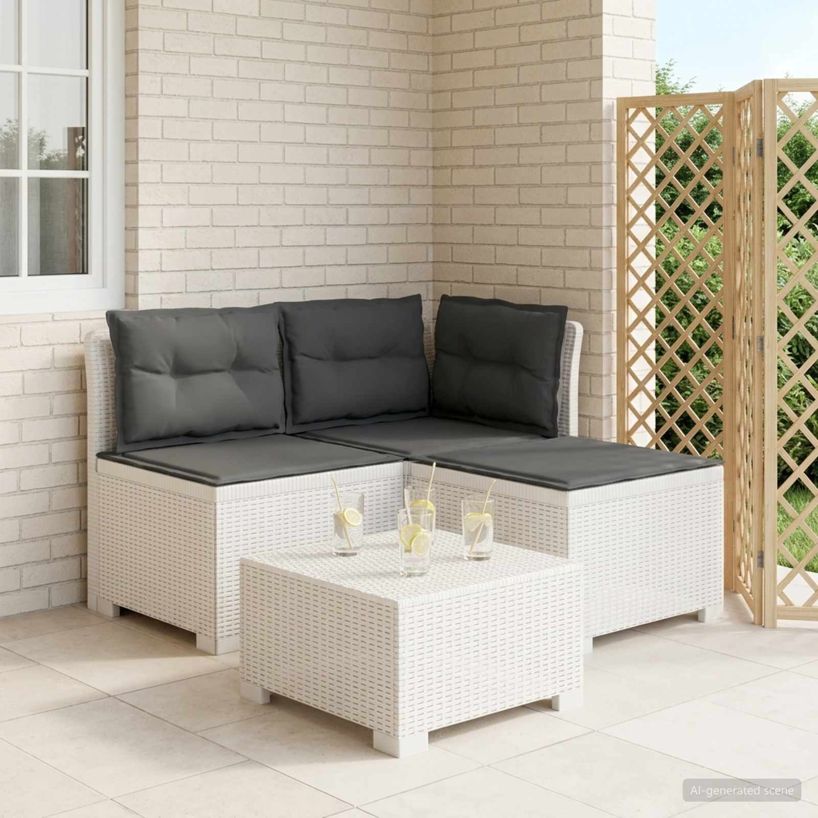3-Sitzer Garten Sofa mit Kissen Rattan-Look PP Weiß