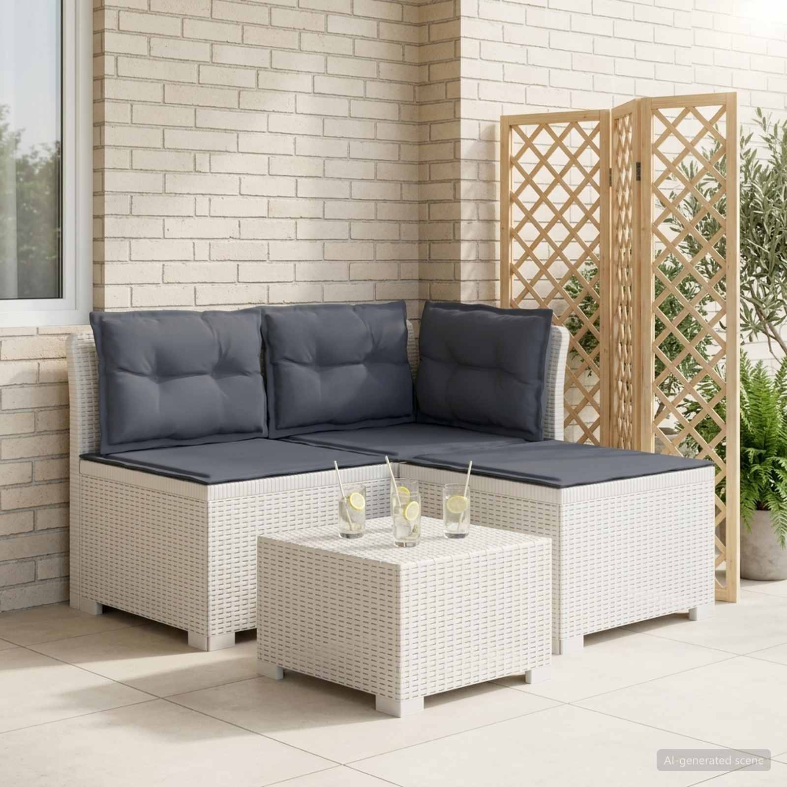 3-Sitzer Garten Sofa mit Kissen Rattan-Look PP Weiß