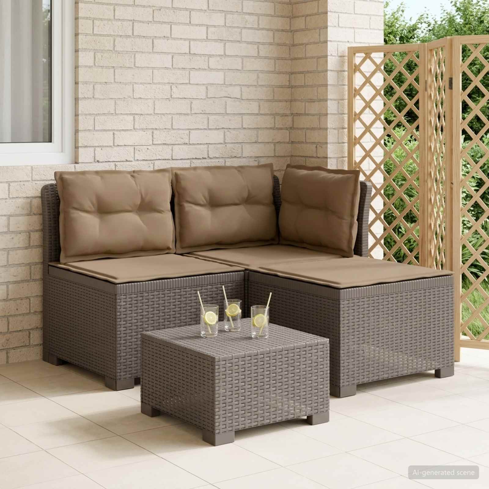 3-Sitzer Garten Sofa mit Kissen Rattan-Look PP Hellgrau
