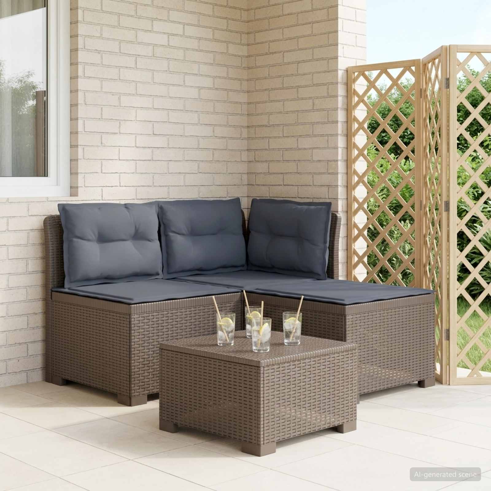 3-Sitzer Garten Sofa mit Kissen Rattan-Look PP Hellgrau