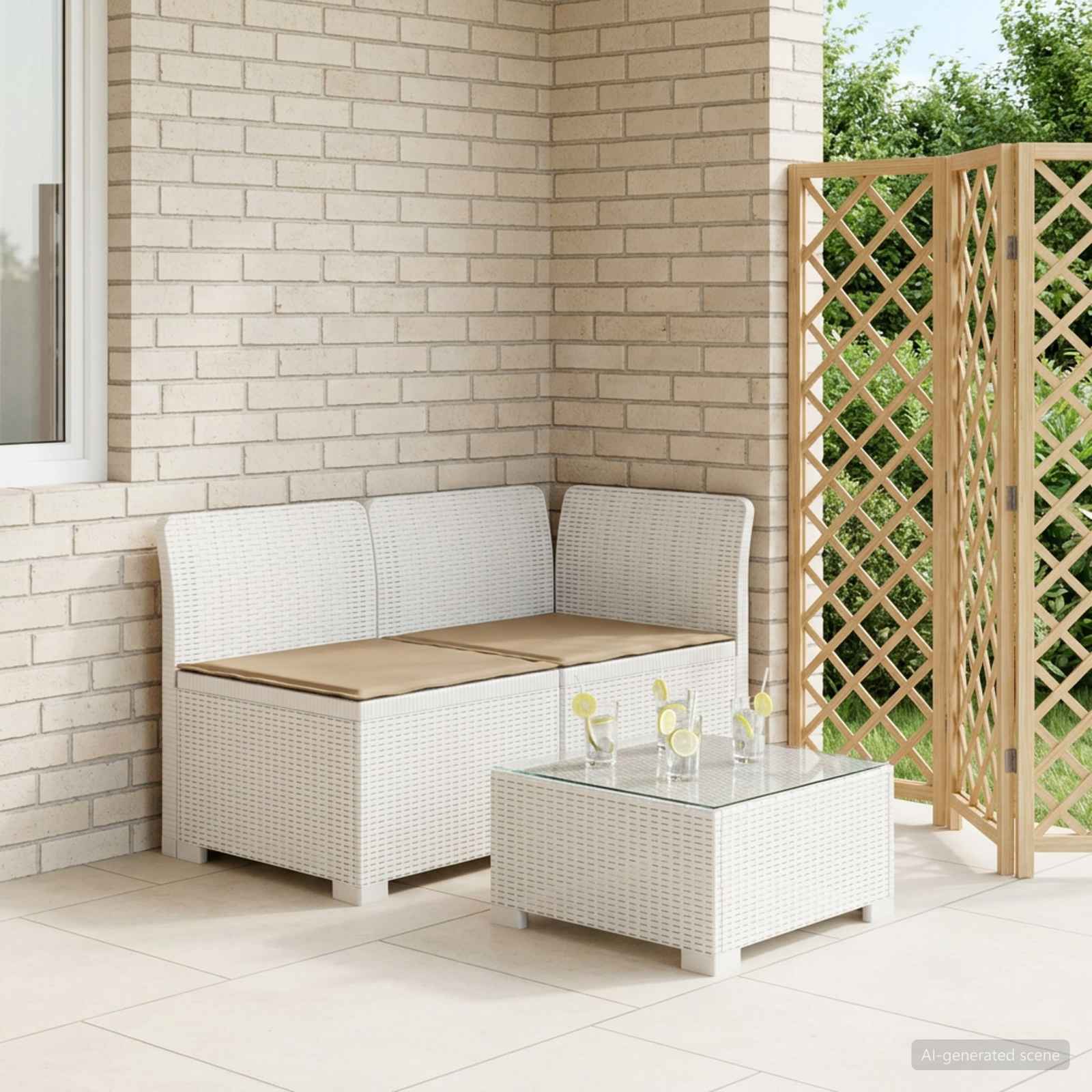 2-Sitzer Garten-Sofa mit Kissen Rattan-Look PP Weiß
