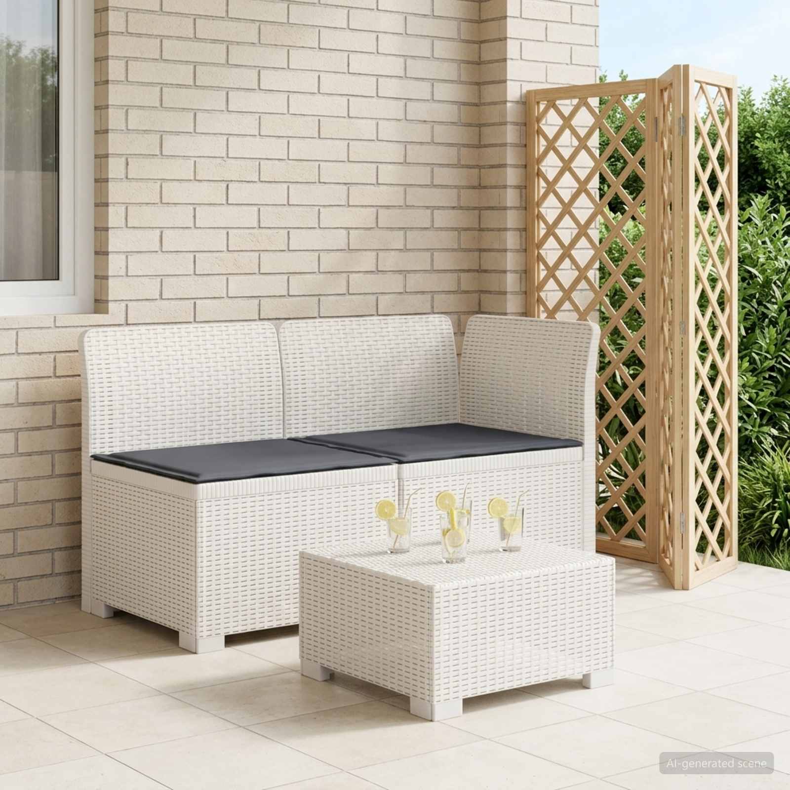 2-Sitzer Garten-Sofa mit Kissen Rattan-Look PP Weiß