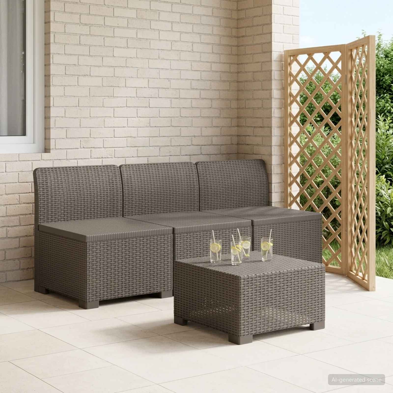 3-Sitzer Garten Sofa Rattan Look PP Hellgrau