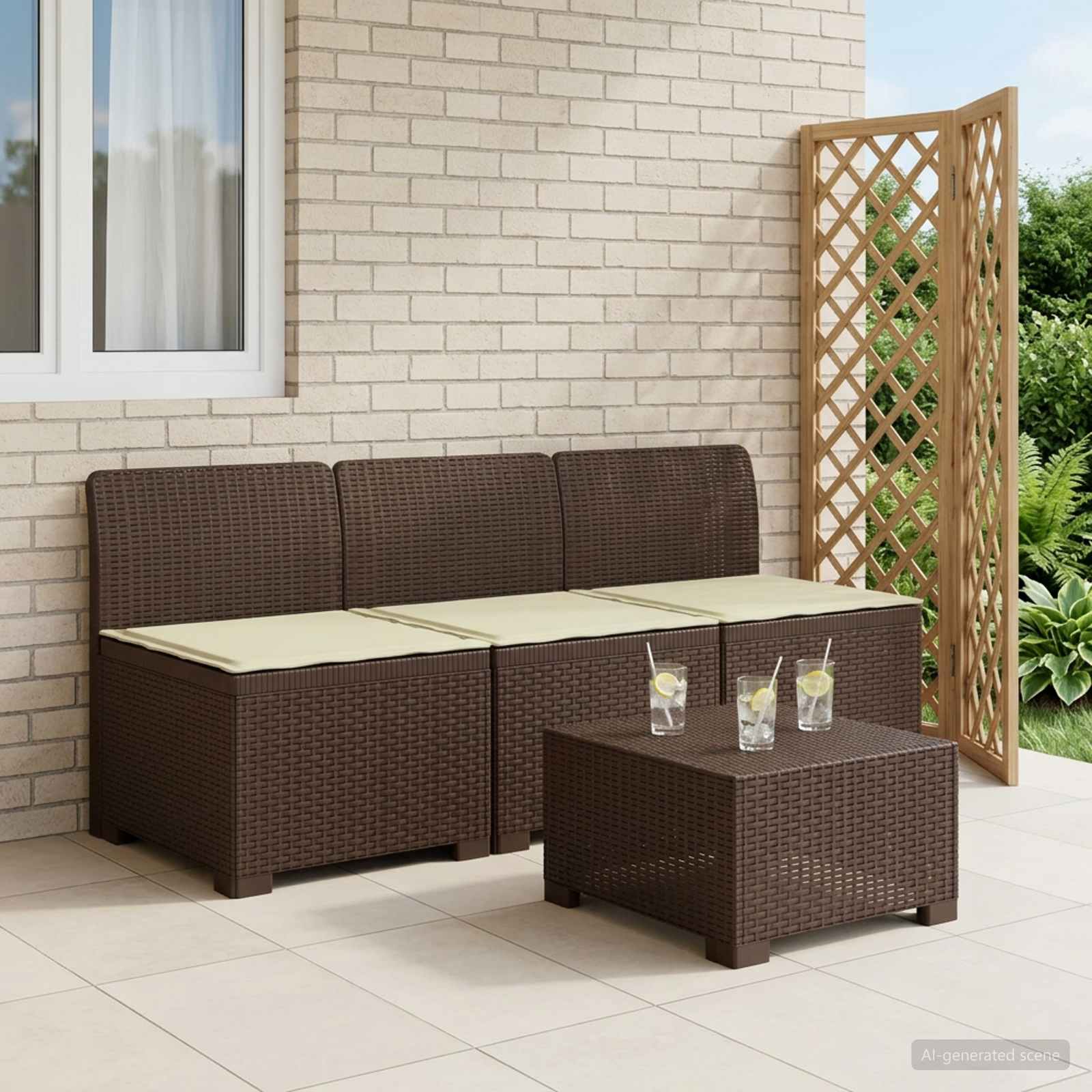 3-Sitzer Garten Sofa mit Kissen Rattan-Look PP Braun