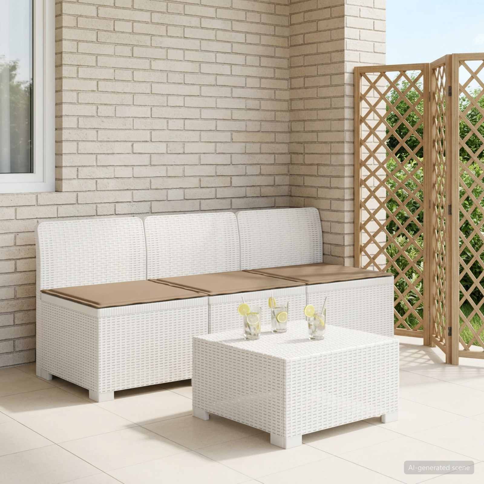 3-Sitzer Garten Sofa mit Kissen Rattan-Look PP Weiß