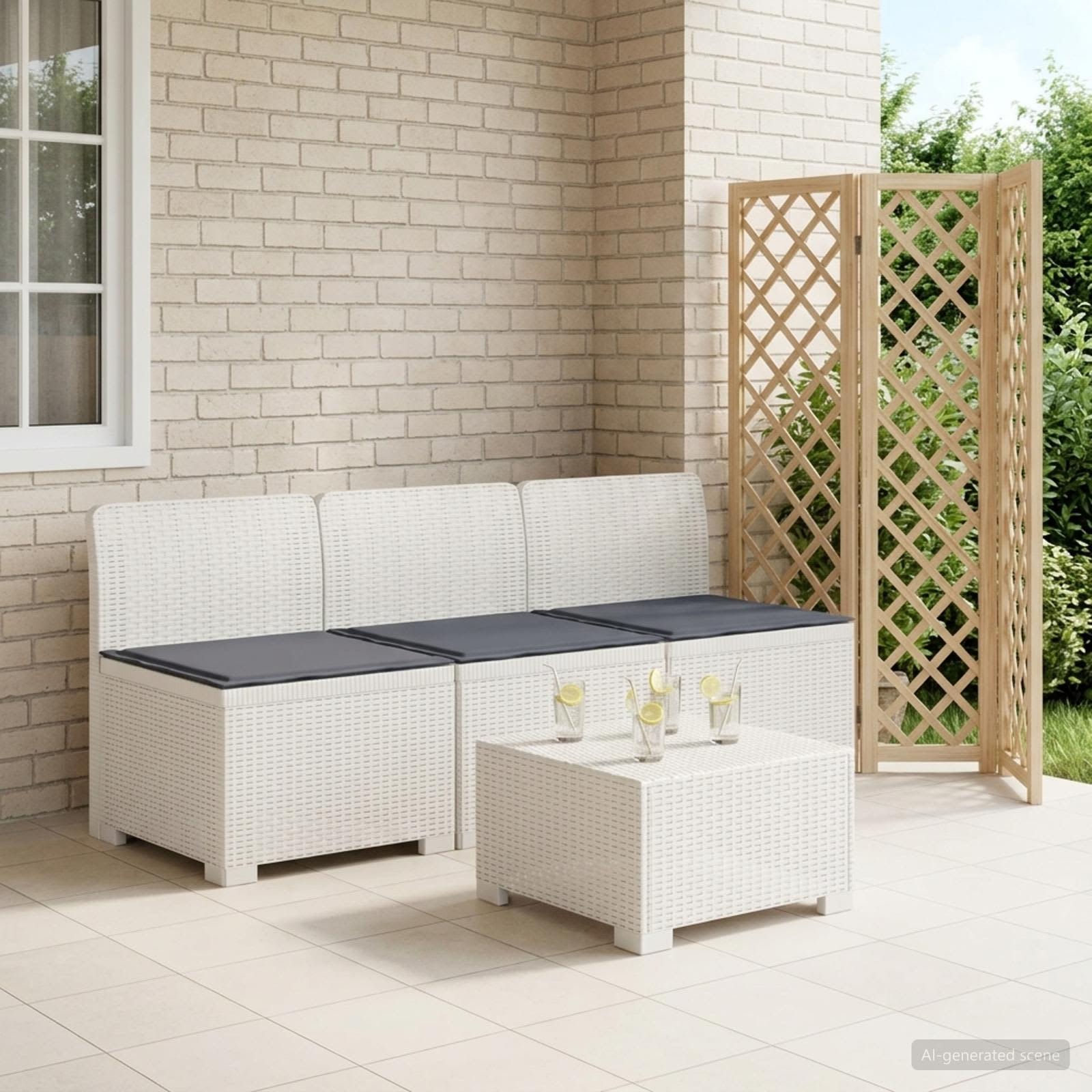 3-Sitzer Garten Sofa mit Kissen Rattan-Look PP Weiß